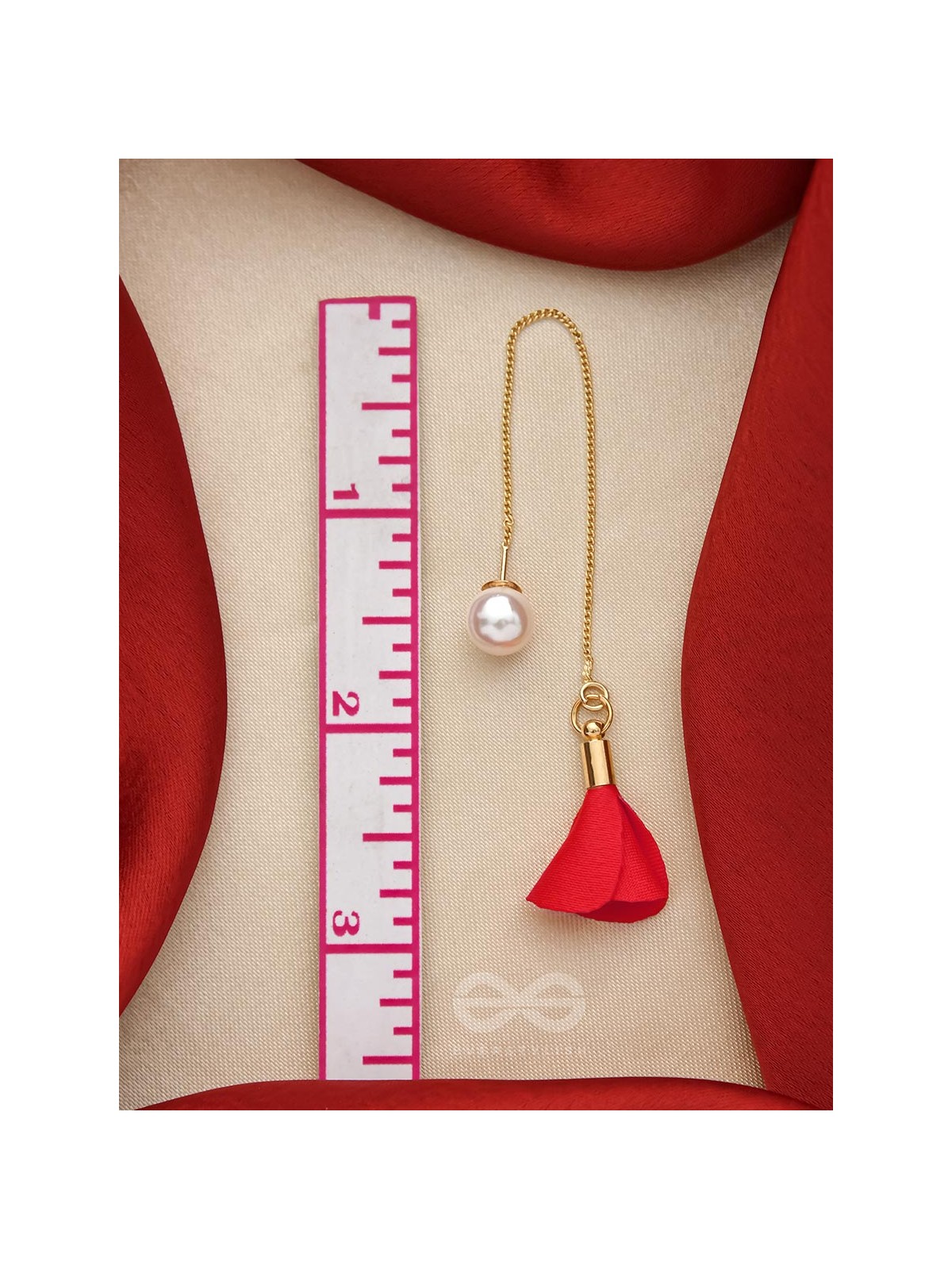 HANGING IN BALANCE PEARL AND FLOWERS NEEDLE EARRINGS- RED