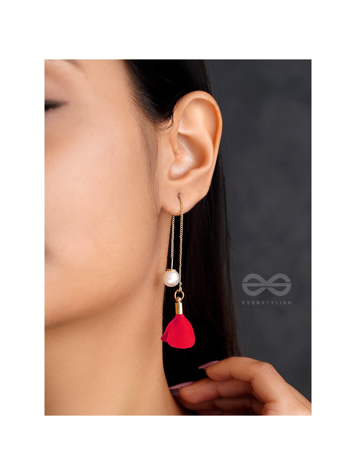 HANGING IN BALANCE PEARL AND FLOWERS NEEDLE EARRINGS- RED