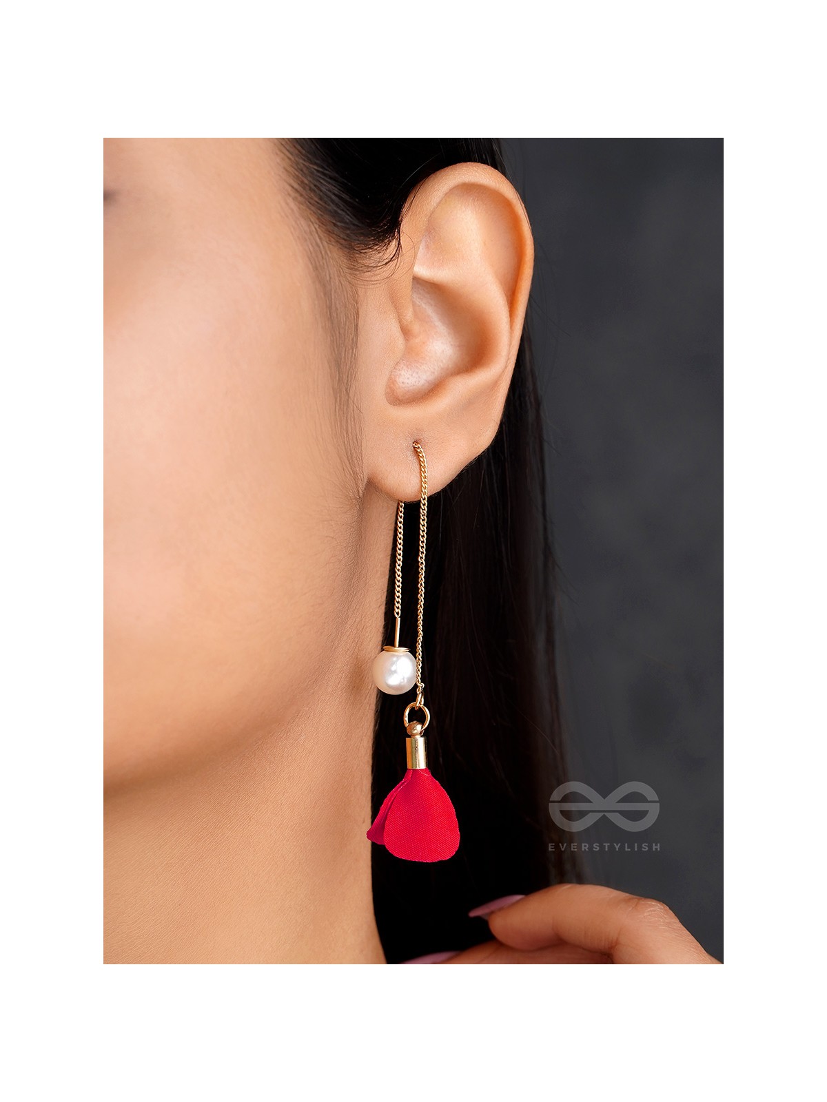 HANGING IN BALANCE PEARL AND FLOWERS NEEDLE EARRINGS- RED