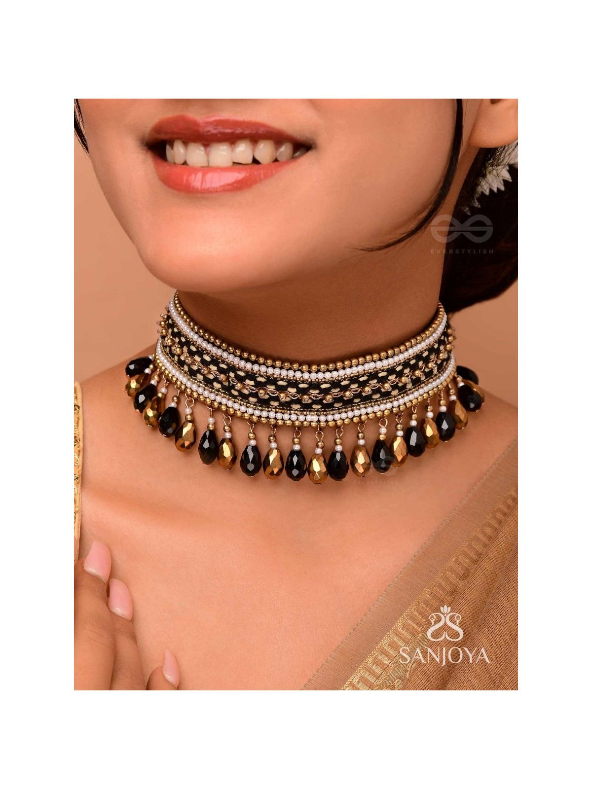 Nishakanta - The Beloved Of Night - Beads And Glass Drops Hand Embroidered Choker Neckpiece