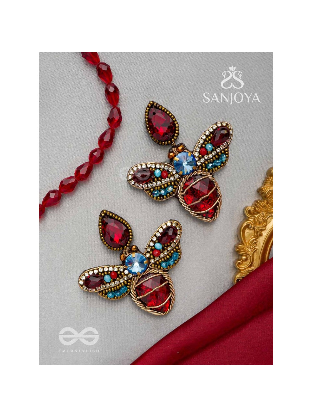 Prabhakita- The Dazzling Firefly- Stones and Glass Beads Embroidered Statement Earrings