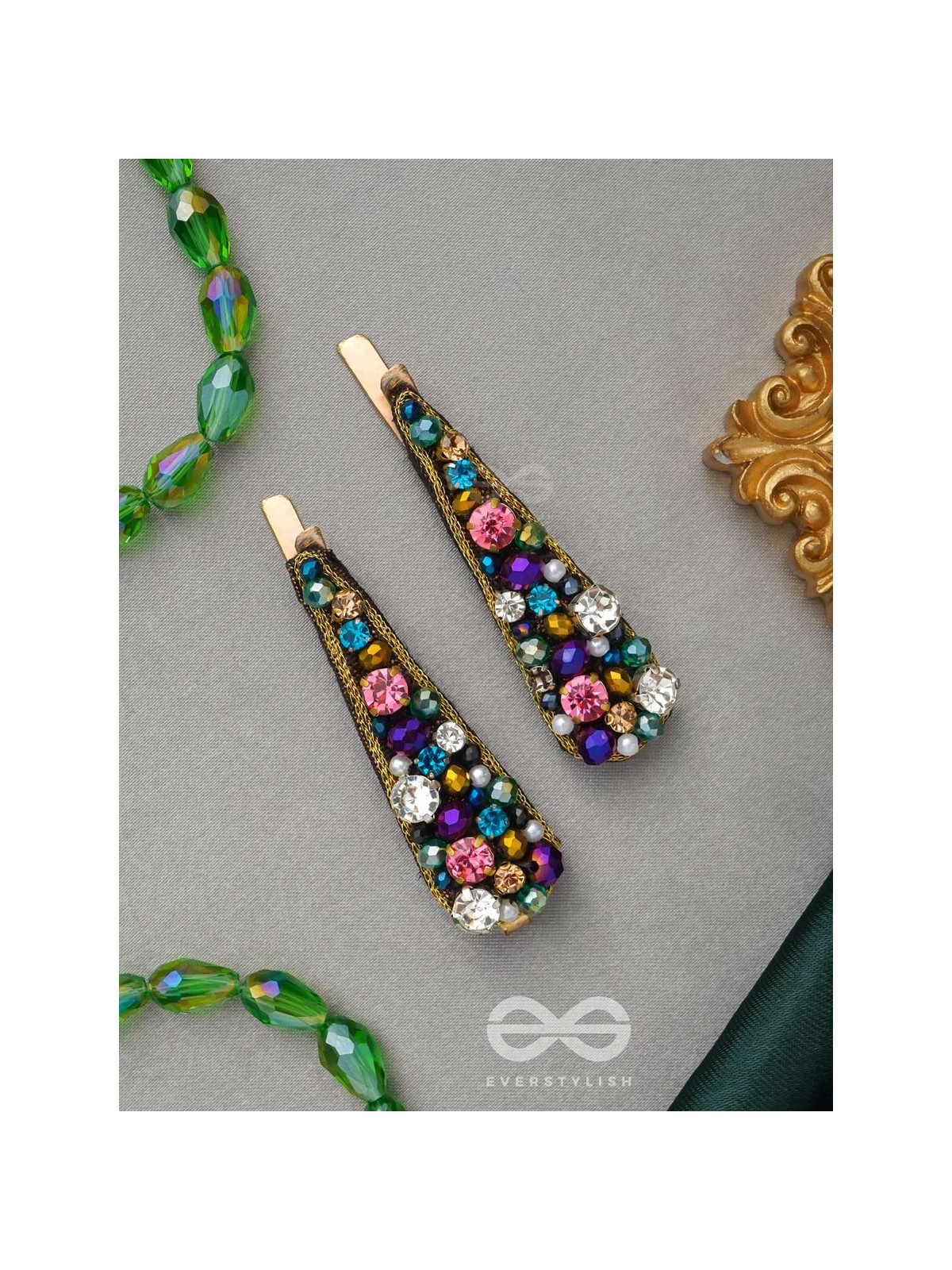Vasnya- Exquisitely Precious- Stones, Glass Beads and Zari Embroidered Hair Clips