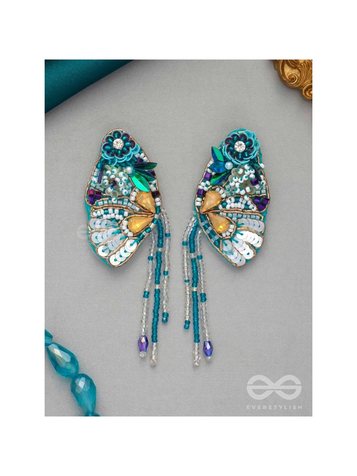 Chelashka- The Magnificent Moth- Stones, Sequins and Beads Embroidered Statement Earrings