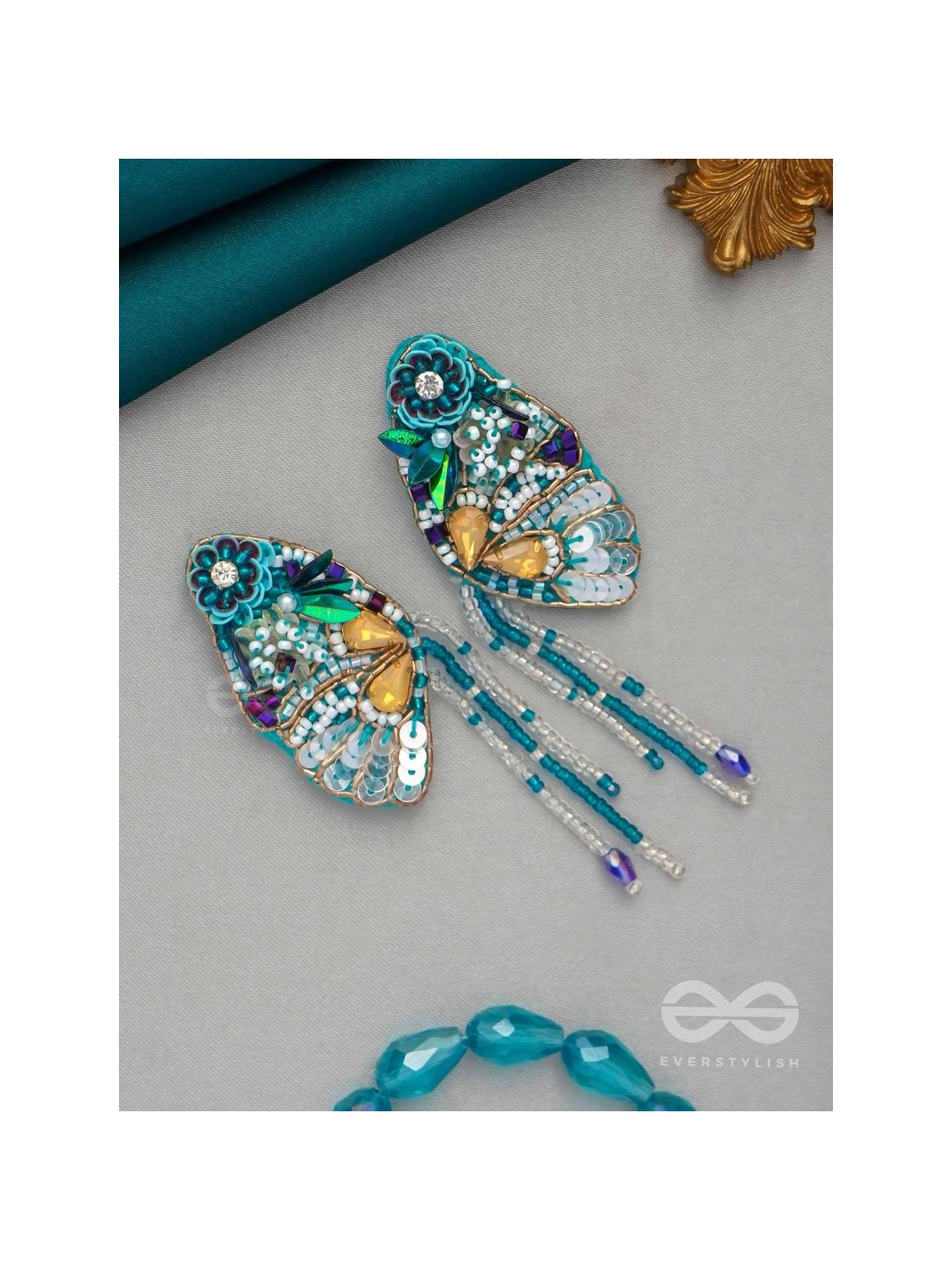 Chelashka- The Magnificent Moth- Stones, Sequins and Beads Embroidered Statement Earrings