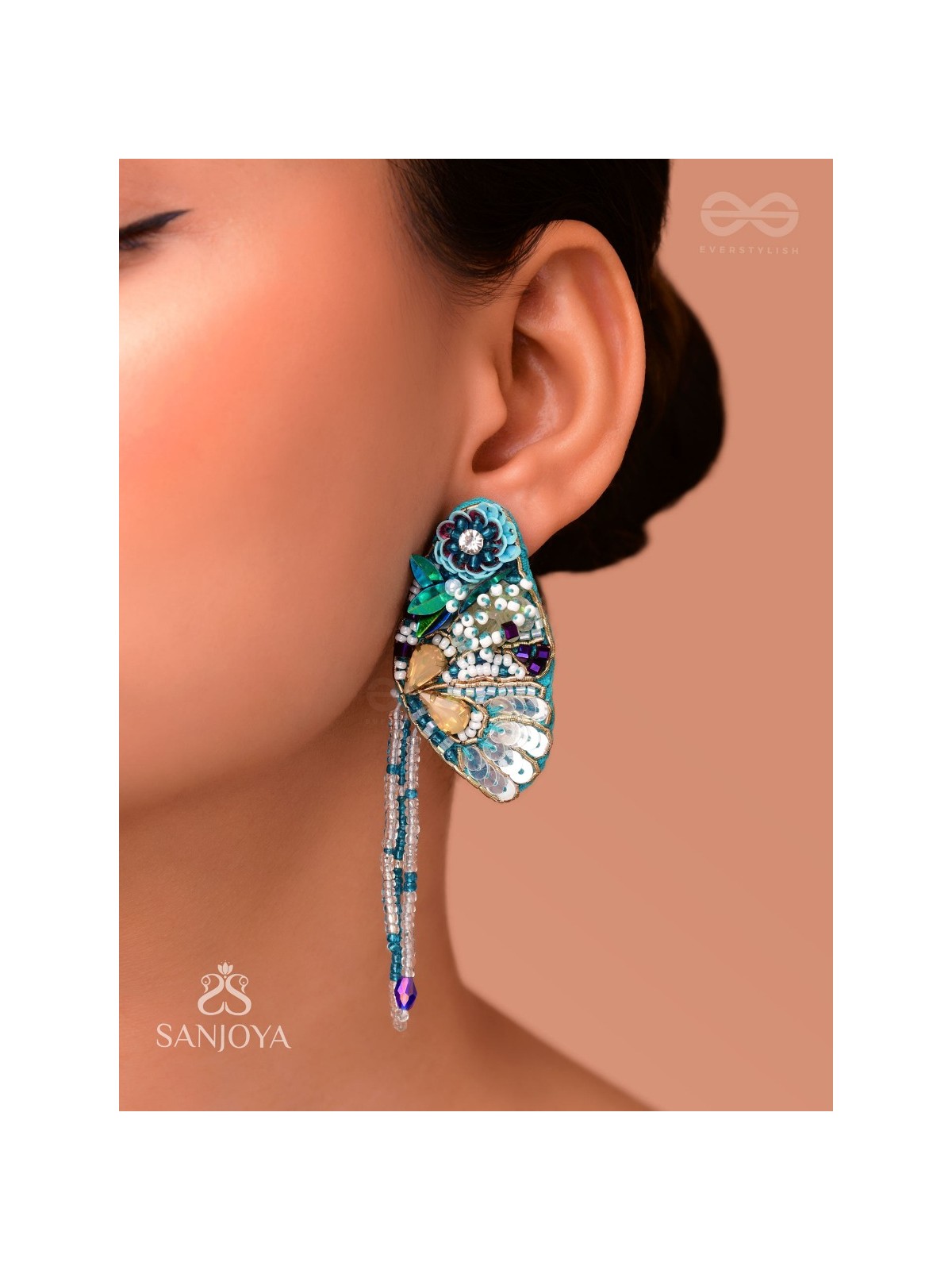 Chelashka- The Magnificent Moth- Stones, Sequins and Beads Embroidered Statement Earrings