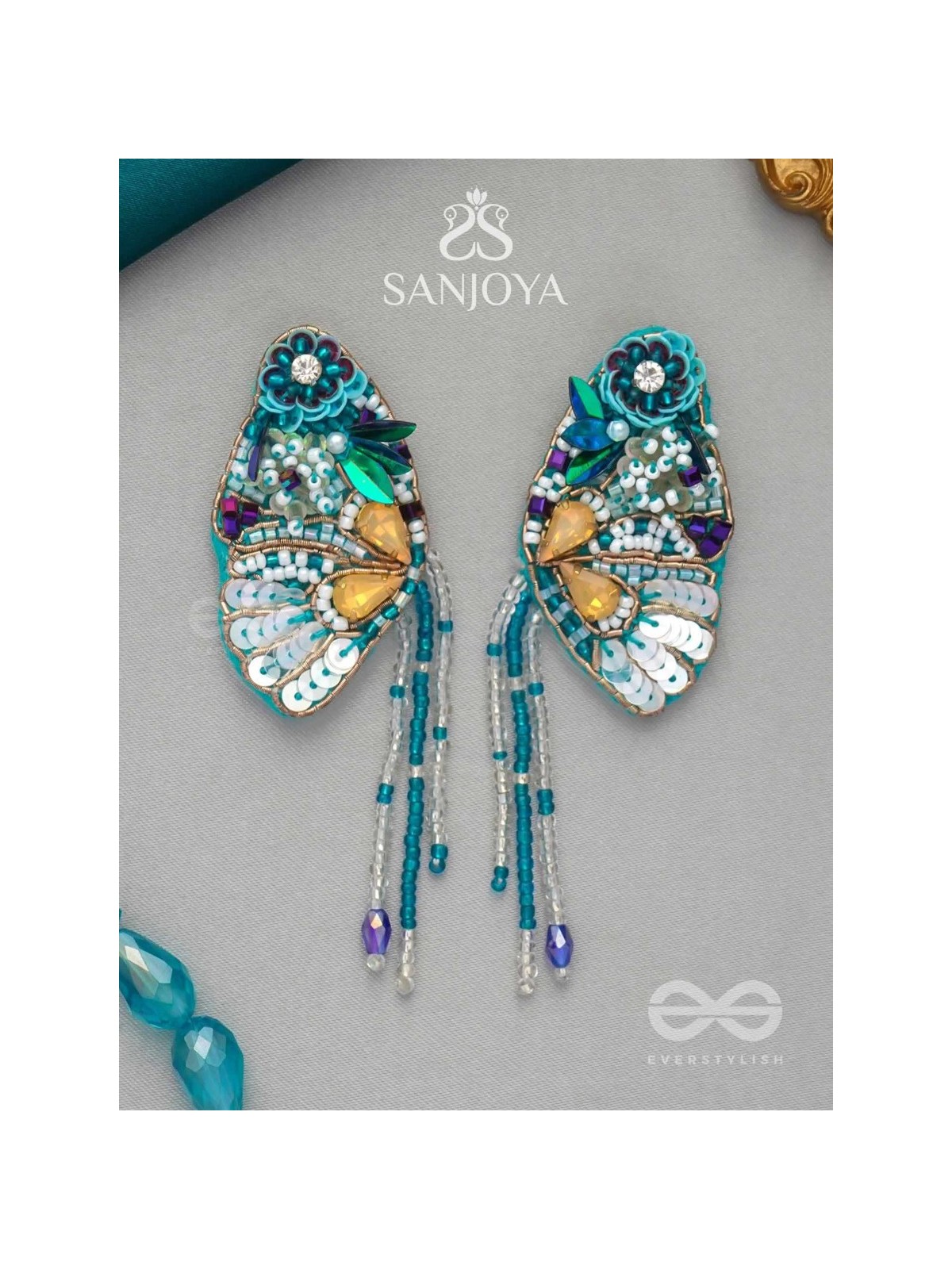 Chelashka- The Magnificent Moth- Stones, Sequins and Beads Embroidered Statement Earrings