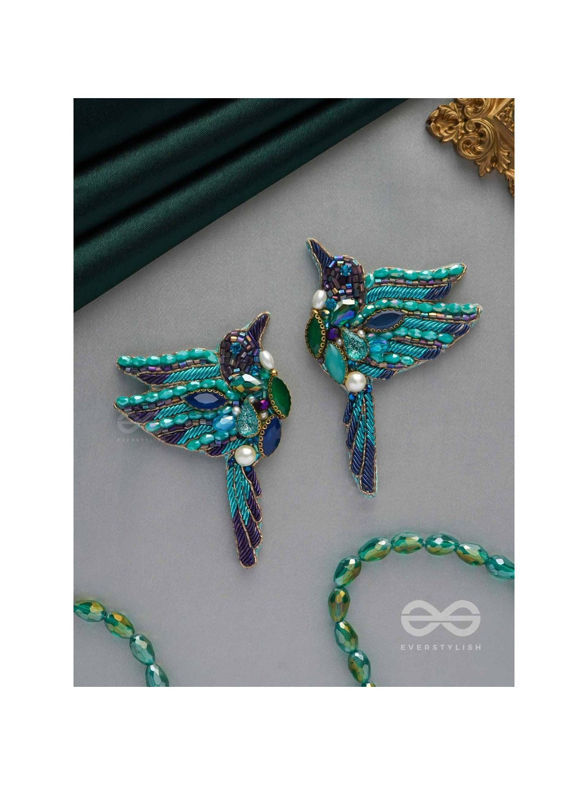 Abhraga - The Beautiful Bird - Stones, Dabka And Beads Hand Embroidered Statement Earrings