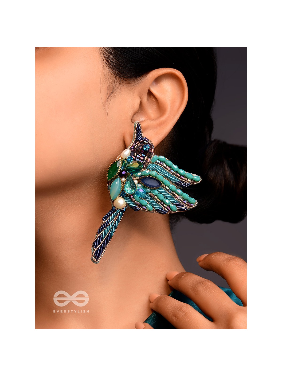 Abhraga - The Beautiful Bird - Stones, Dabka And Beads Hand Embroidered Statement Earrings