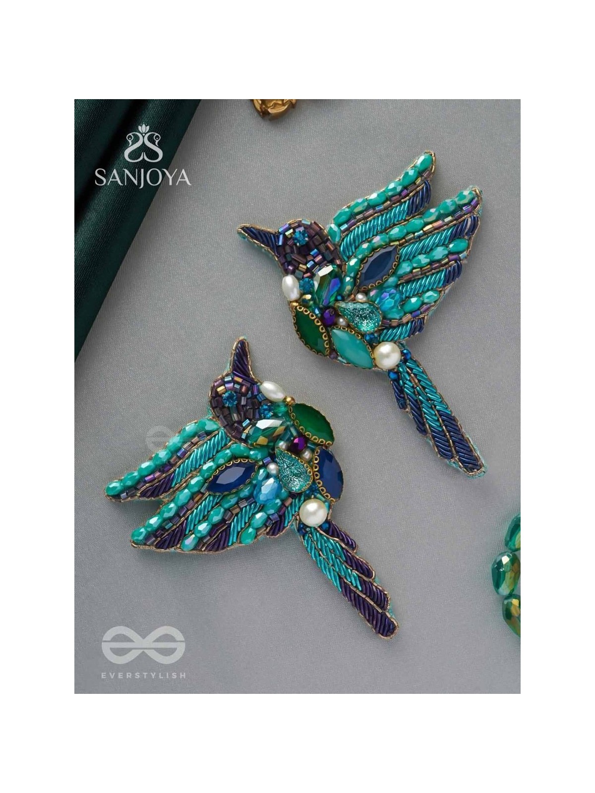 Abhraga - The Beautiful Bird - Stones, Dabka And Beads Hand Embroidered Statement Earrings
