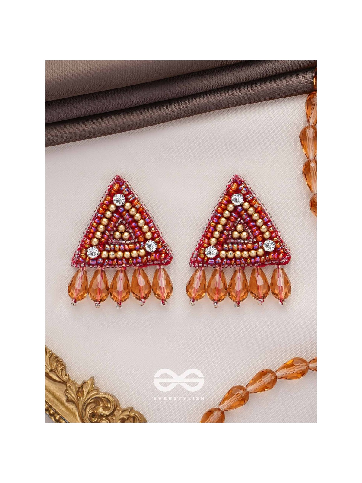 Chaitya- The Cryptic Pyramid- Stones, Glass Drops and Beads Embroidered Stud Earrings