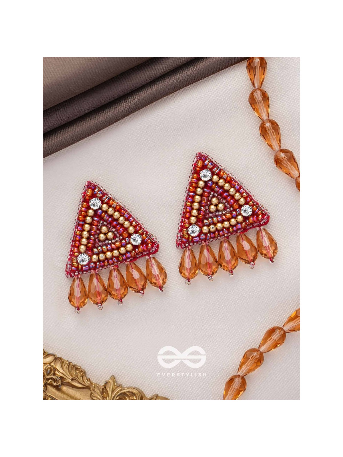 Chaitya- The Cryptic Pyramid- Stones, Glass Drops and Beads Embroidered Stud Earrings