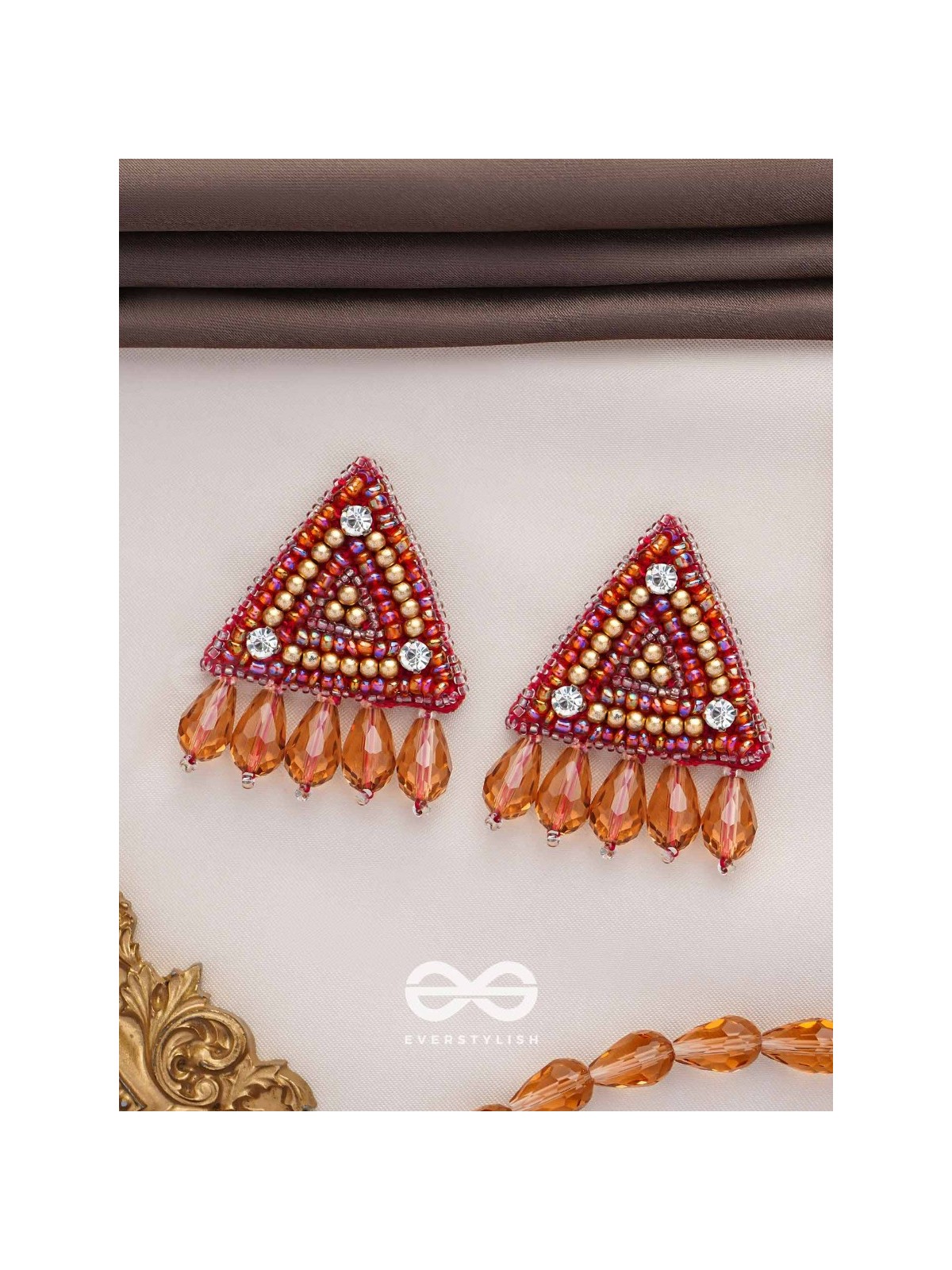 Chaitya- The Cryptic Pyramid- Stones, Glass Drops and Beads Embroidered Stud Earrings