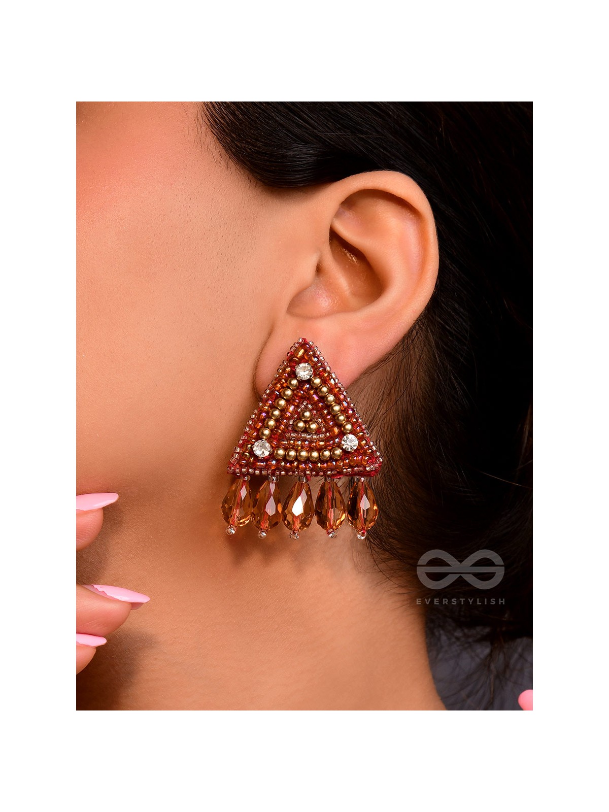 Chaitya- The Cryptic Pyramid- Stones, Glass Drops and Beads Embroidered Stud Earrings