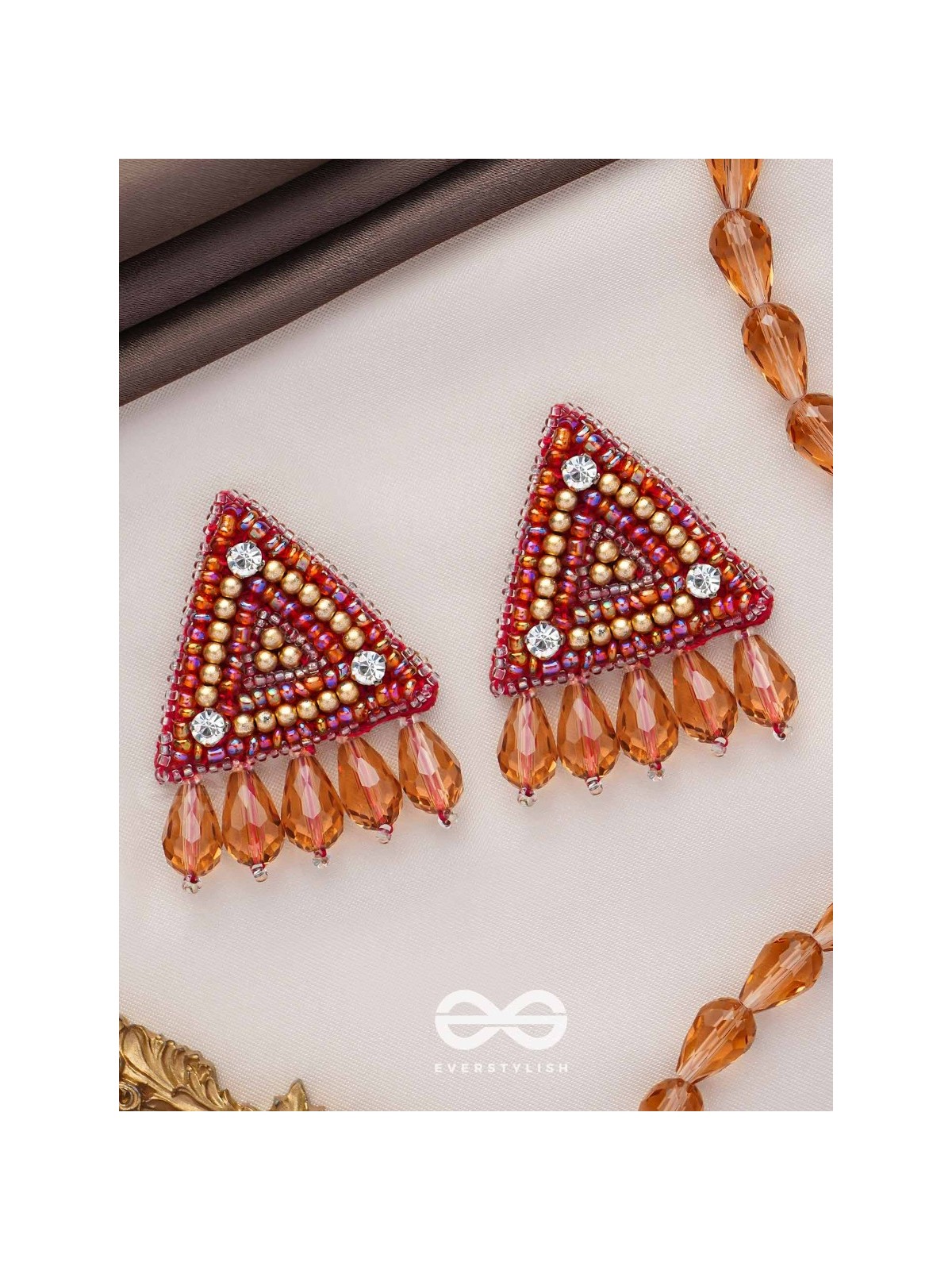 Chaitya- The Cryptic Pyramid- Stones, Glass Drops and Beads Embroidered Stud Earrings
