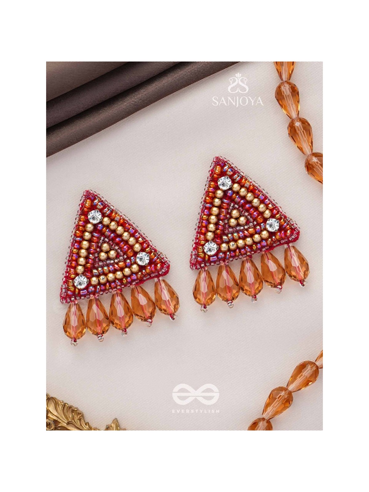 Chaitya- The Cryptic Pyramid- Stones, Glass Drops and Beads Embroidered Stud Earrings