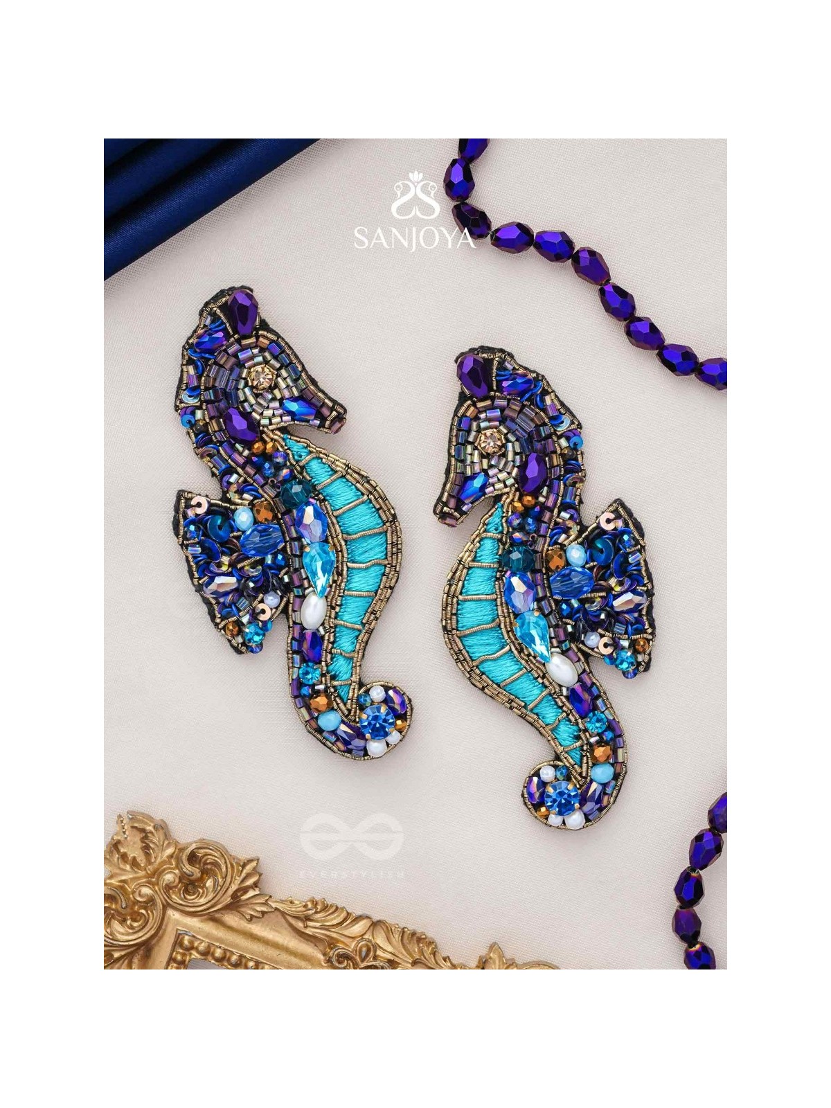 Ashwameen- The Splendid Seahorse- Stones, Sequins and Beads Embroidered Statement Earrings