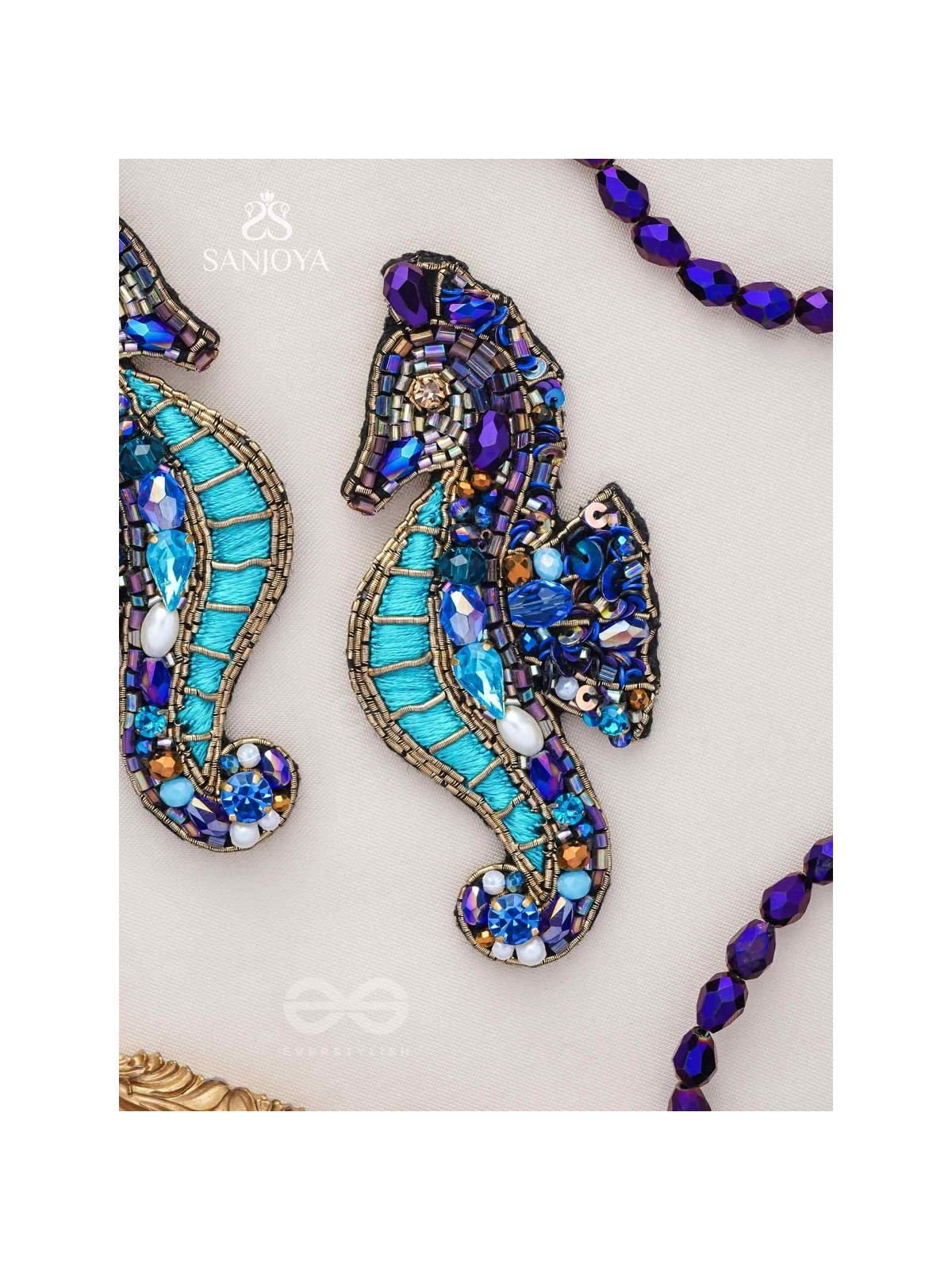 Ashwameen- The Splendid Seahorse- Stones, Sequins and Beads Embroidered Statement Earrings