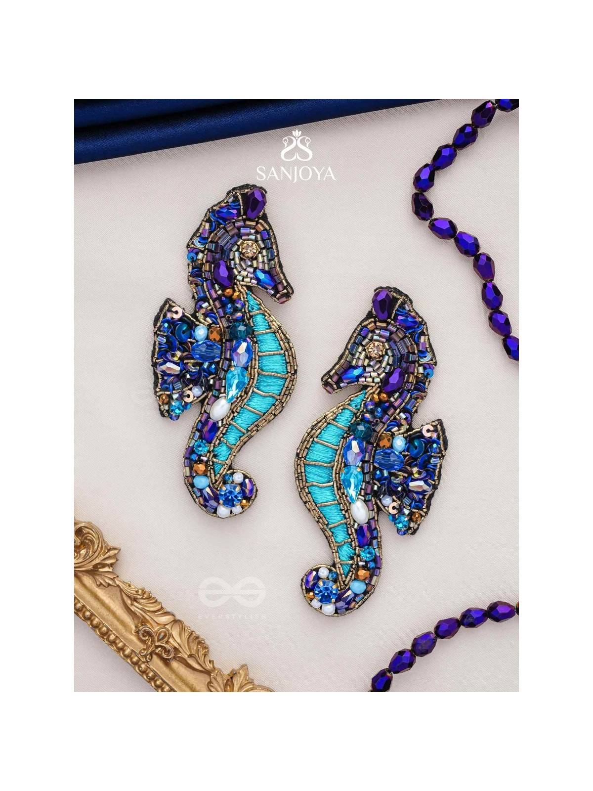 Ashwameen- The Splendid Seahorse- Stones, Sequins and Beads Embroidered Statement Earrings