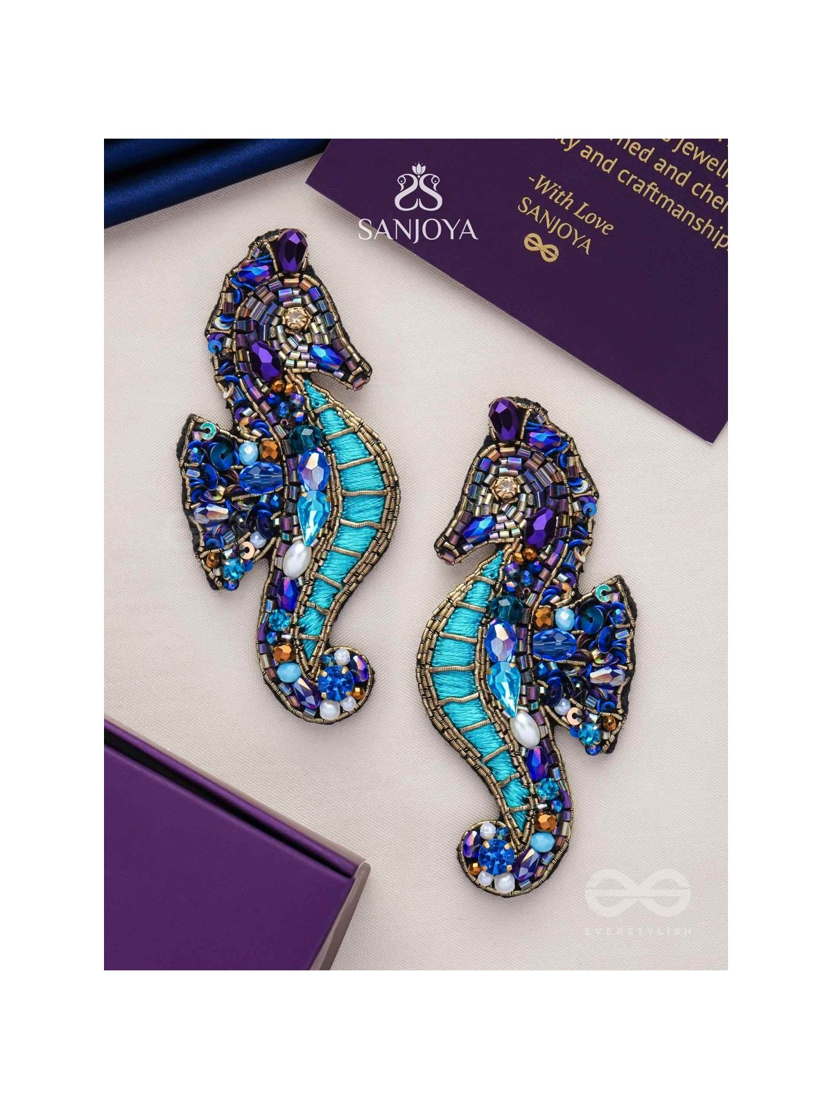 Ashwameen- The Splendid Seahorse- Stones, Sequins and Beads Embroidered Statement Earrings