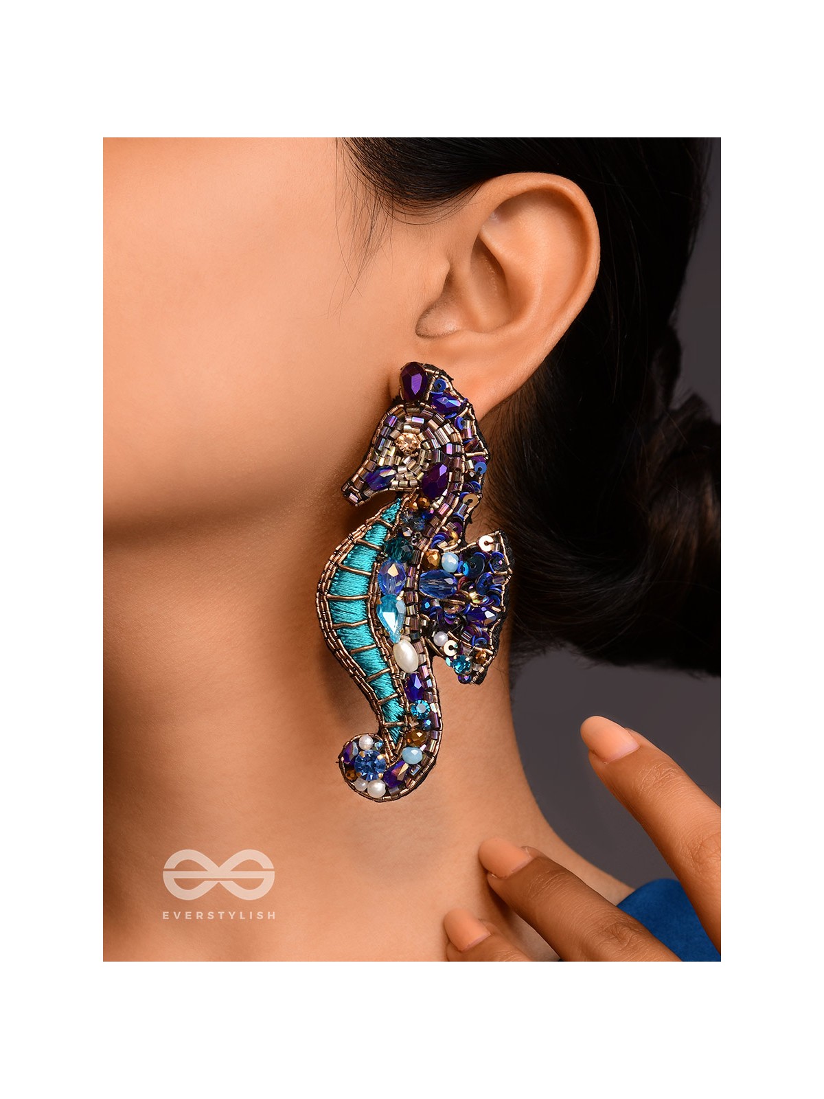 Ashwameen- The Splendid Seahorse- Stones, Sequins and Beads Embroidered Statement Earrings