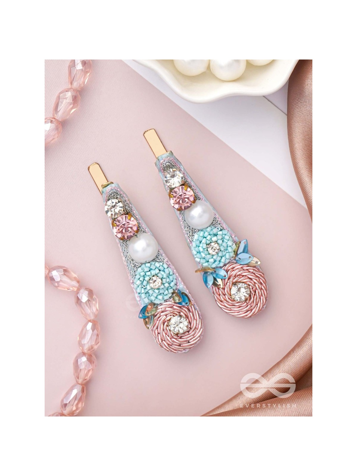 Kelivana - The Pleasant Garden - Stones, Dabka, Pearls And Sequins Hand Embroidered Hair Clips