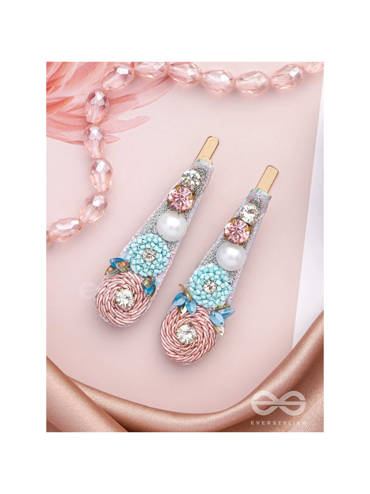 Kelivana - The Pleasant Garden - Stones, Dabka, Pearls And Sequins Hand Embroidered Hair Clips