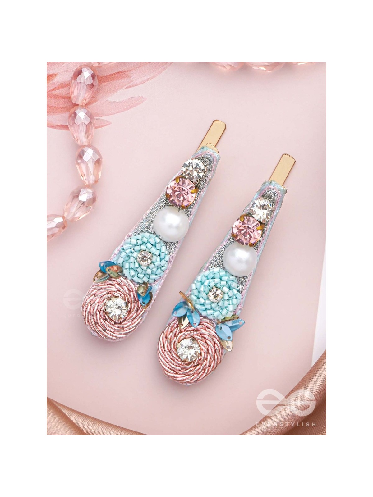 Kelivana - The Pleasant Garden - Stones, Dabka, Pearls And Sequins Hand Embroidered Hair Clips