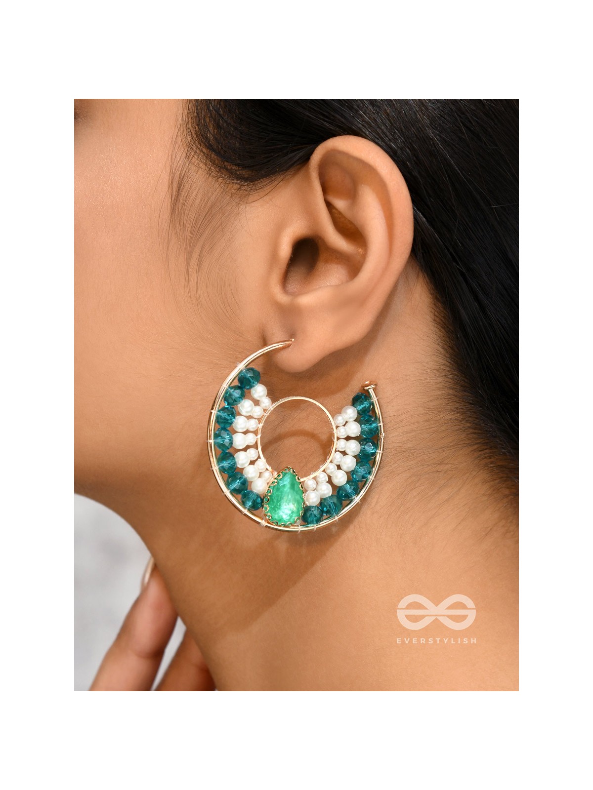 The Circle of Illumination- Golden Embellished Pearl Hoop Earrings