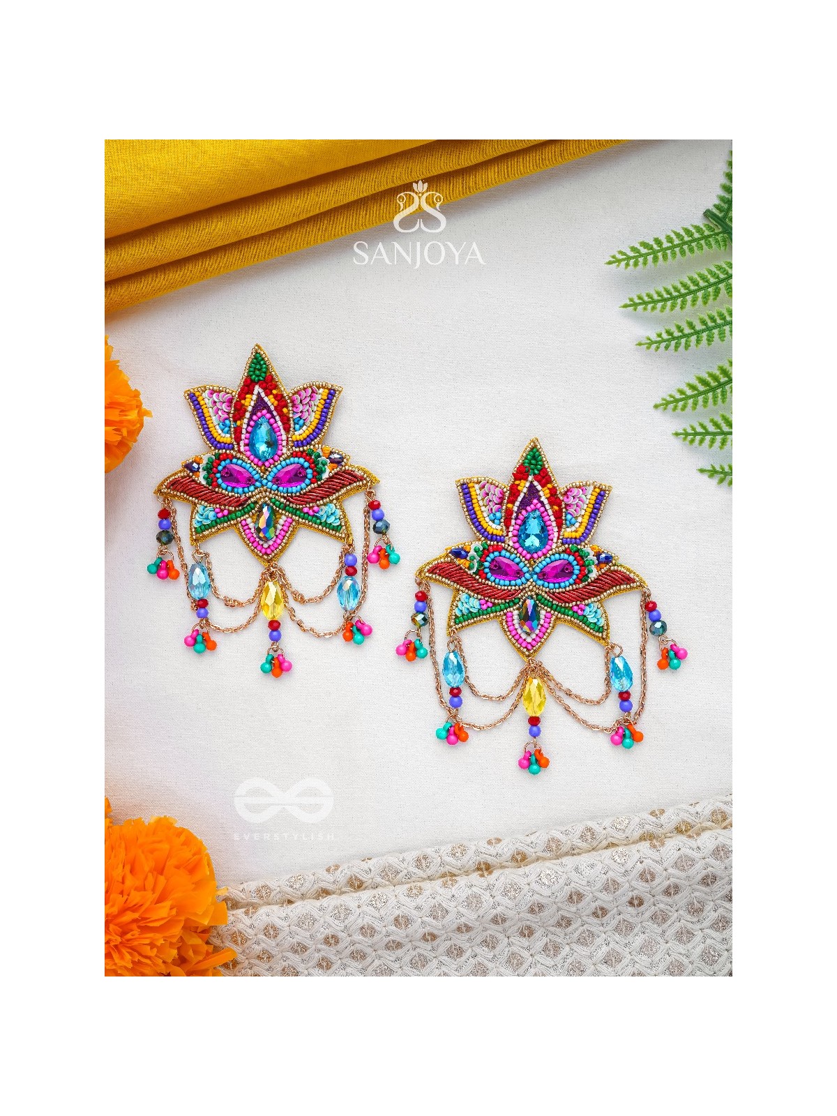 Karnika- The Lovely Lotus- Stones, Sequins and Resham Embroidered Statement Earrings