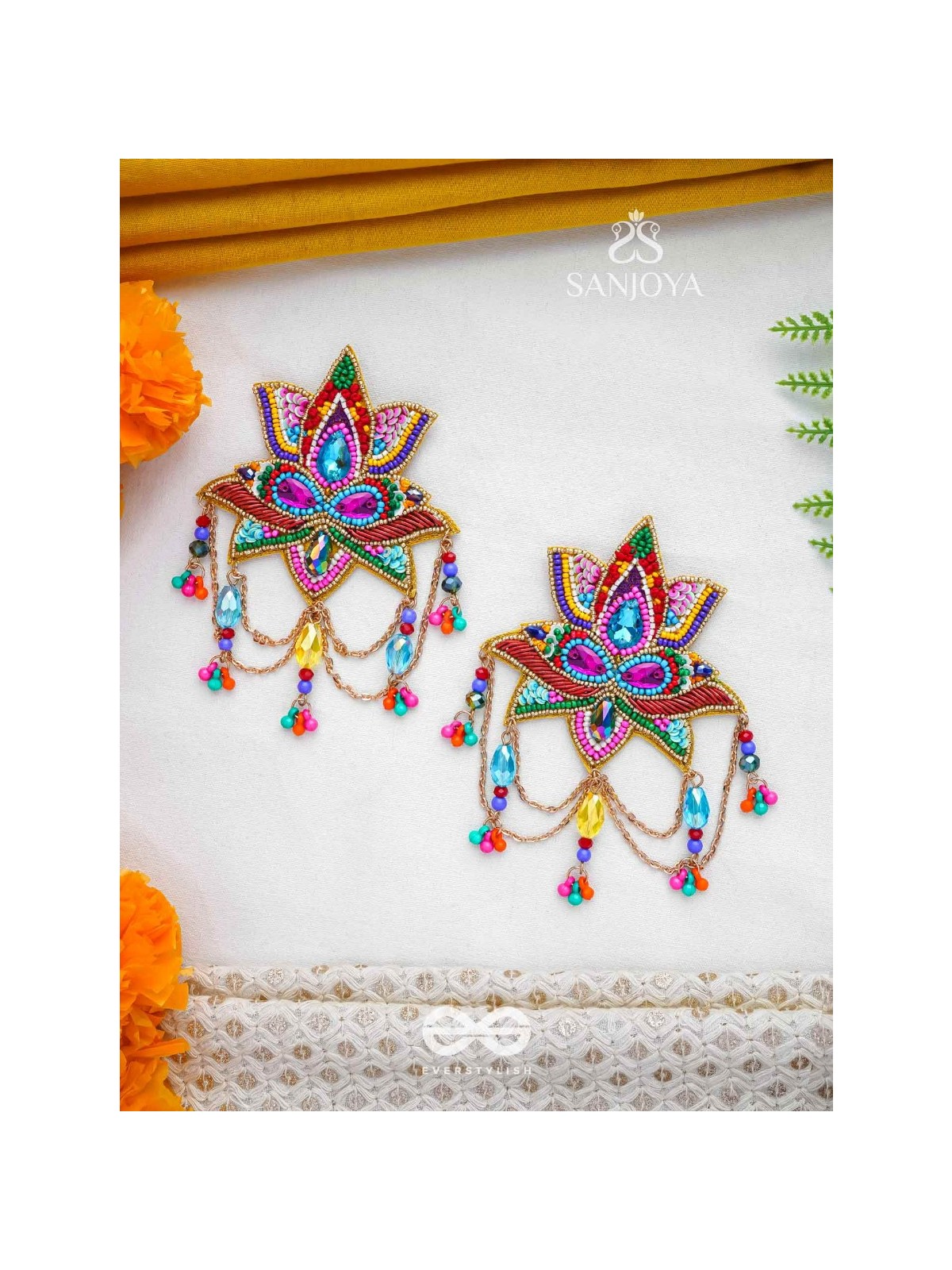Karnika- The Lovely Lotus- Stones, Sequins and Resham Embroidered Statement Earrings