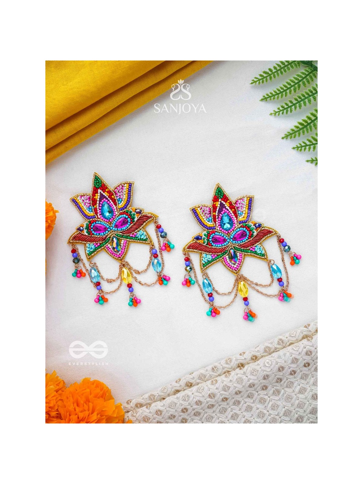 Karnika- The Lovely Lotus- Stones, Sequins and Resham Embroidered Statement Earrings