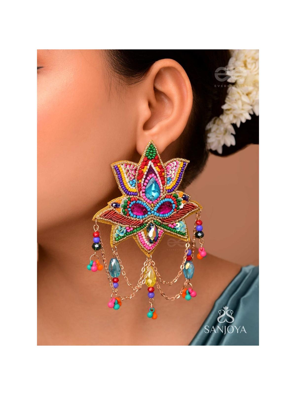 Karnika- The Lovely Lotus- Stones, Sequins and Resham Embroidered Statement Earrings