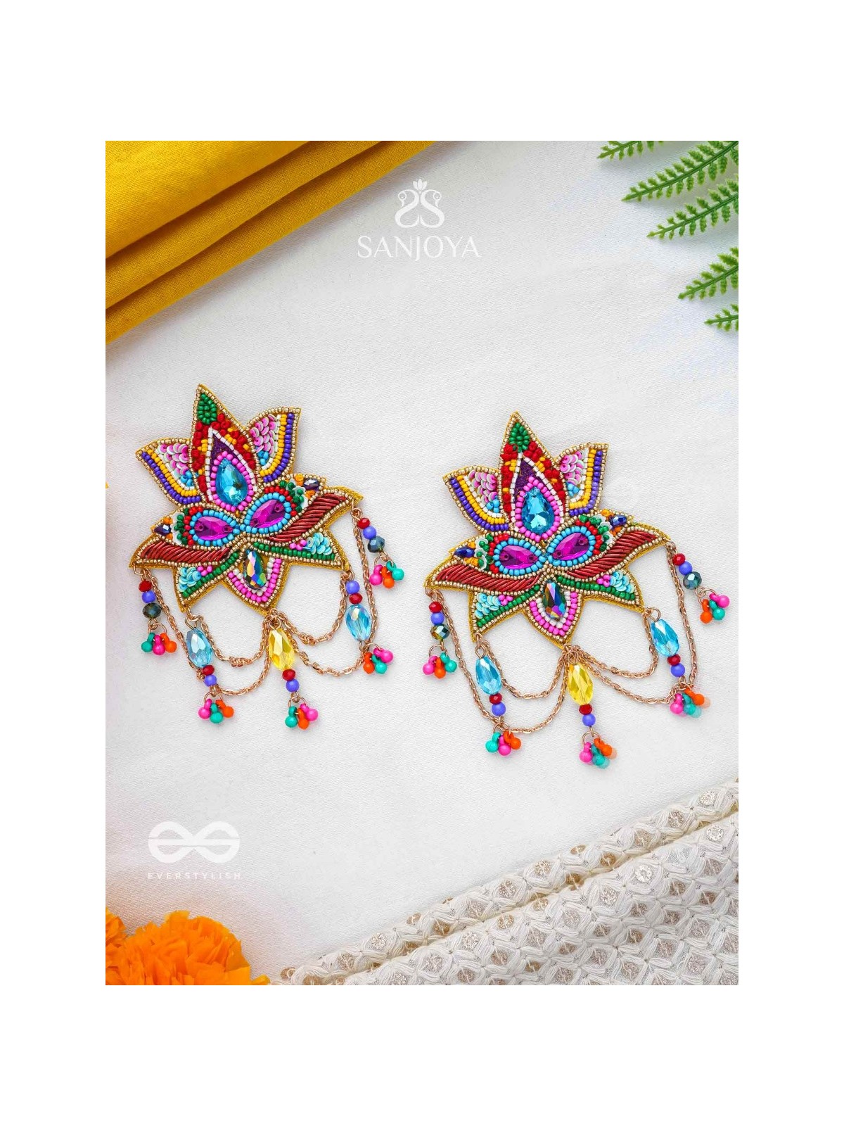 Karnika- The Lovely Lotus- Stones, Sequins and Resham Embroidered Statement Earrings