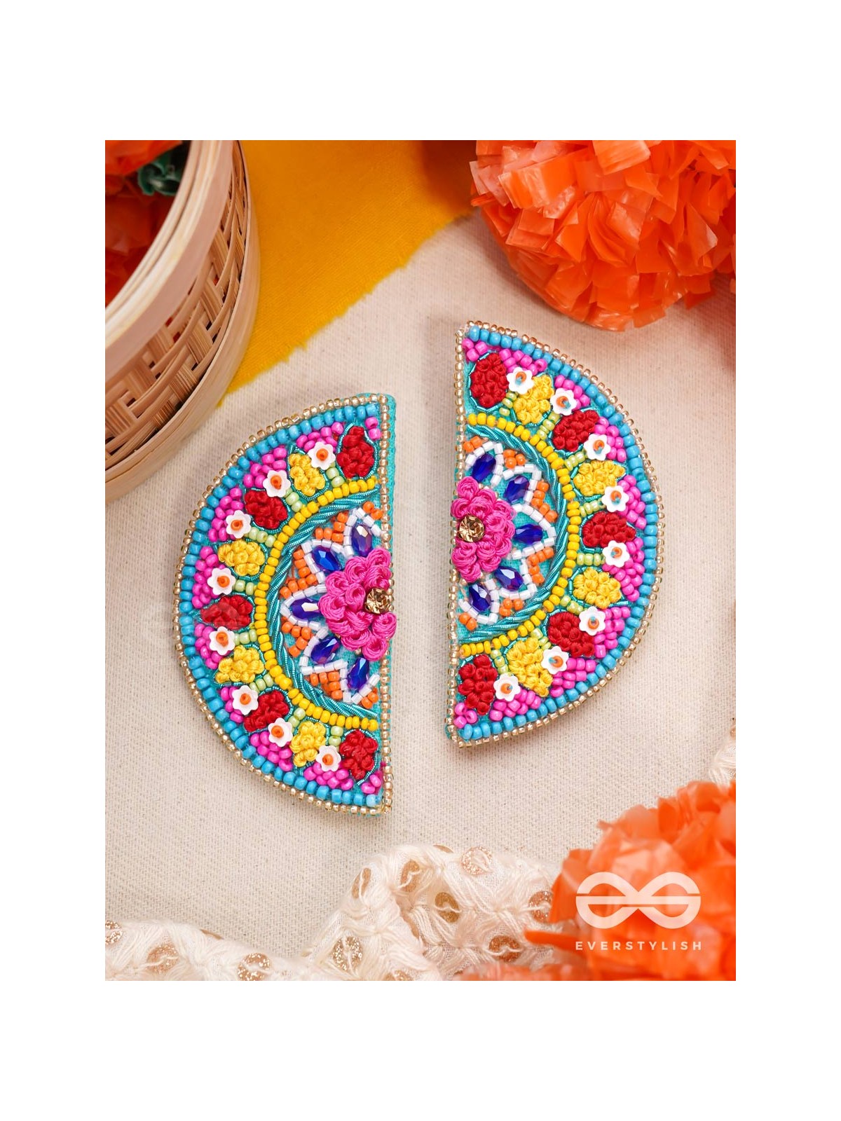 Vrittardha- The Florid Semicircle- Stones, Sequins and Resham Embroidered Stud Earrings