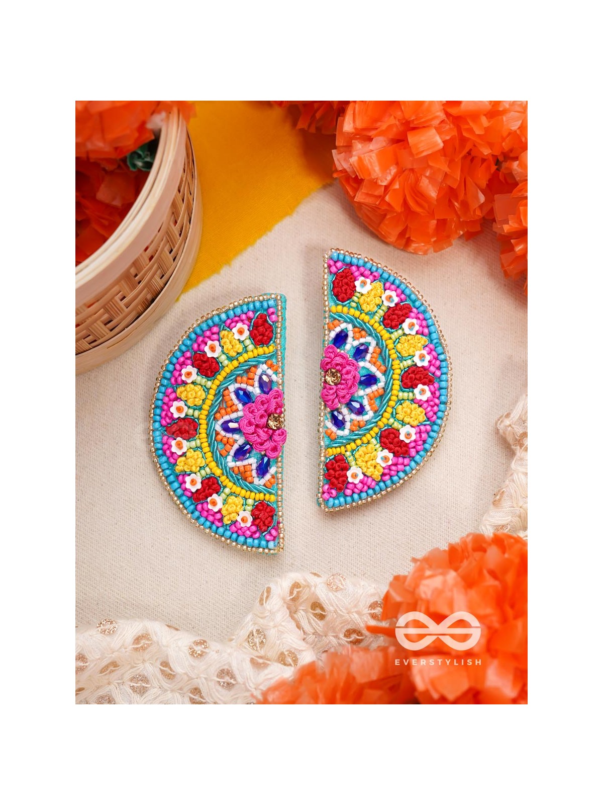 Vrittardha- The Florid Semicircle- Stones, Sequins and Resham Embroidered Stud Earrings