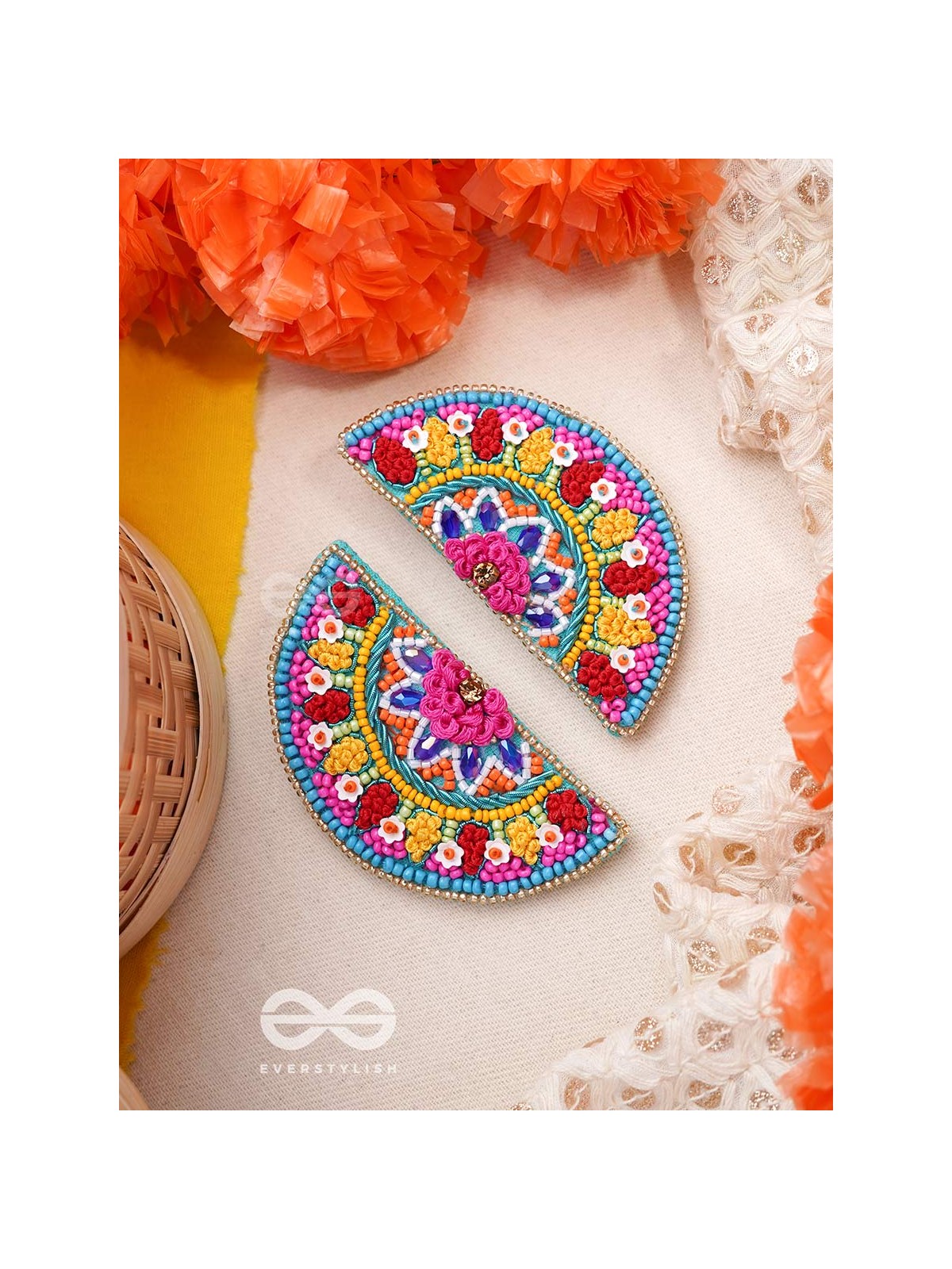 Vrittardha- The Florid Semicircle- Stones, Sequins and Resham Embroidered Stud Earrings