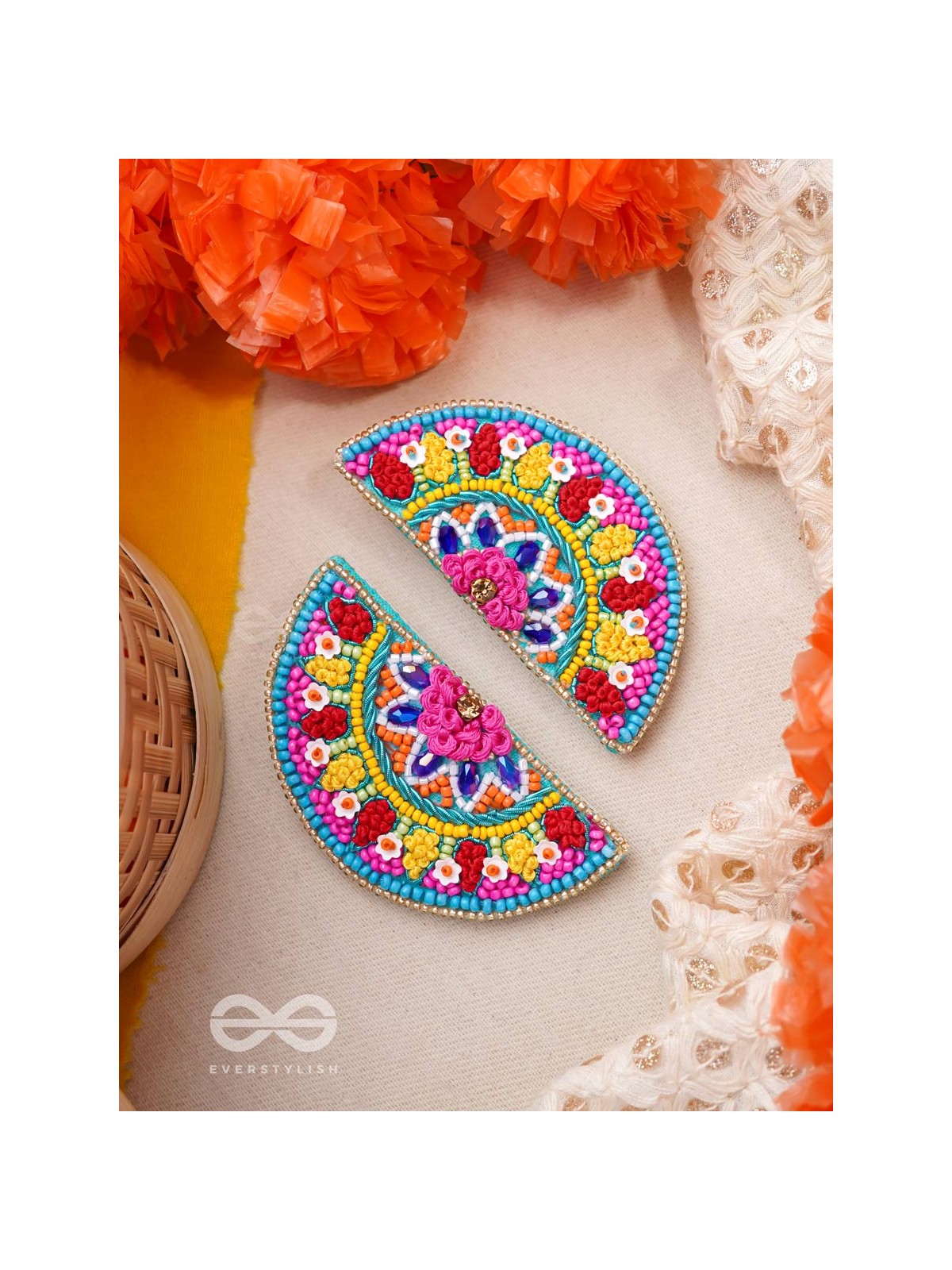 Vrittardha- The Florid Semicircle- Stones, Sequins and Resham Embroidered Stud Earrings