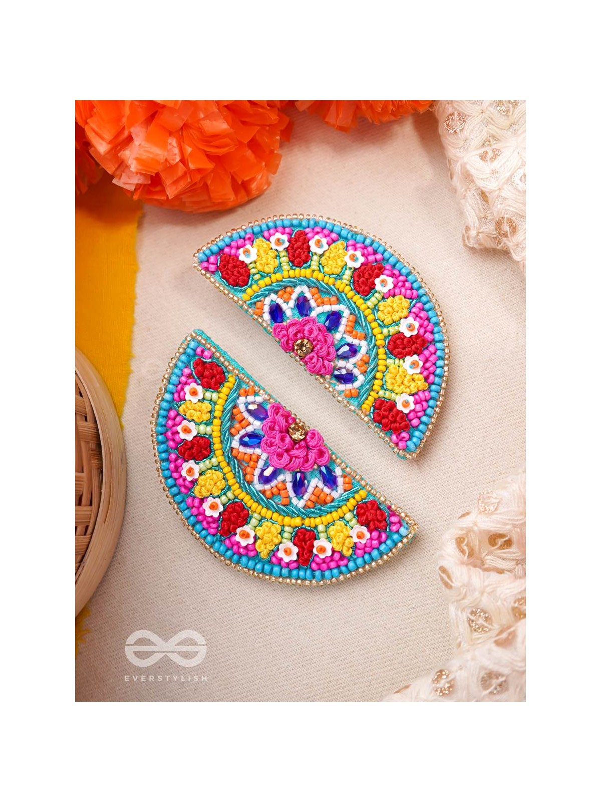 Vrittardha- The Florid Semicircle- Stones, Sequins and Resham Embroidered Stud Earrings