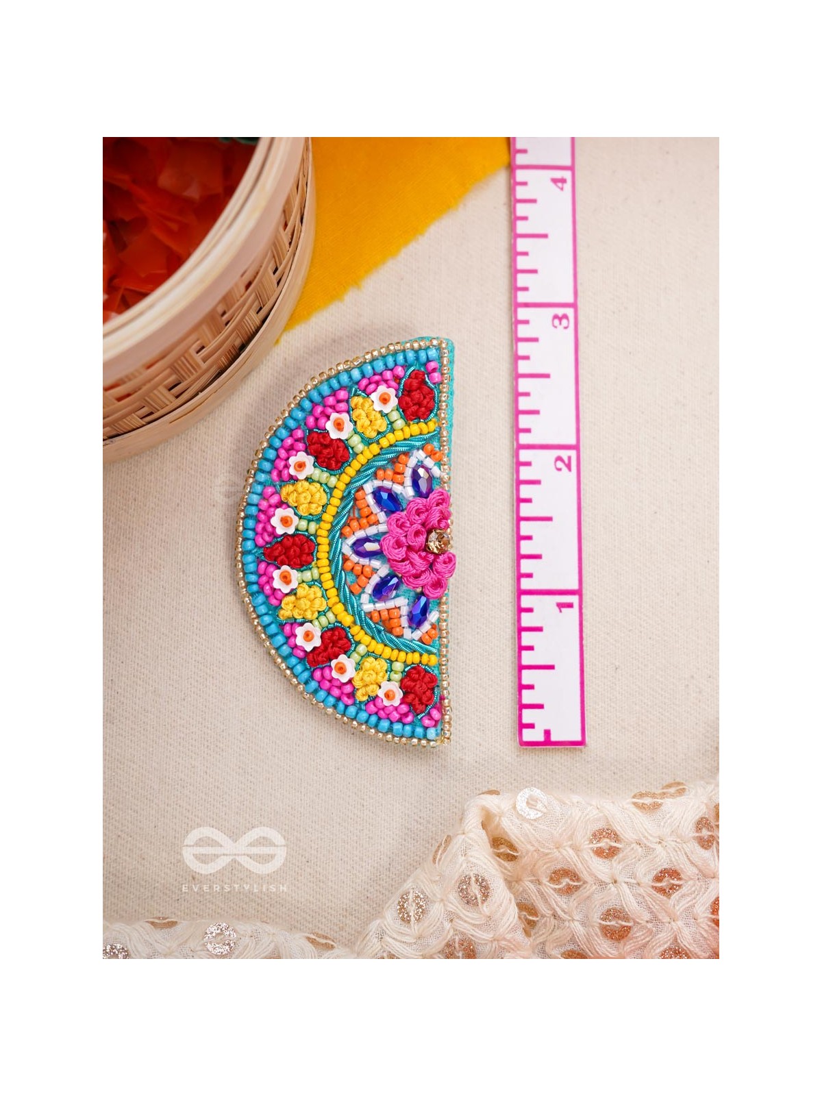 Vrittardha- The Florid Semicircle- Stones, Sequins and Resham Embroidered Stud Earrings