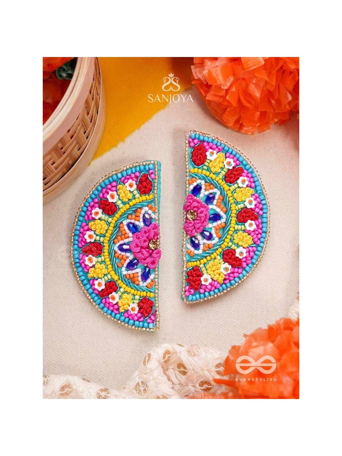 Vrittardha- The Florid Semicircle- Stones, Sequins and Resham Embroidered Stud Earrings