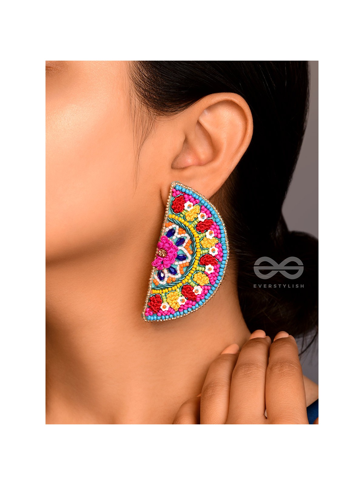 Vrittardha- The Florid Semicircle- Stones, Sequins and Resham Embroidered Stud Earrings