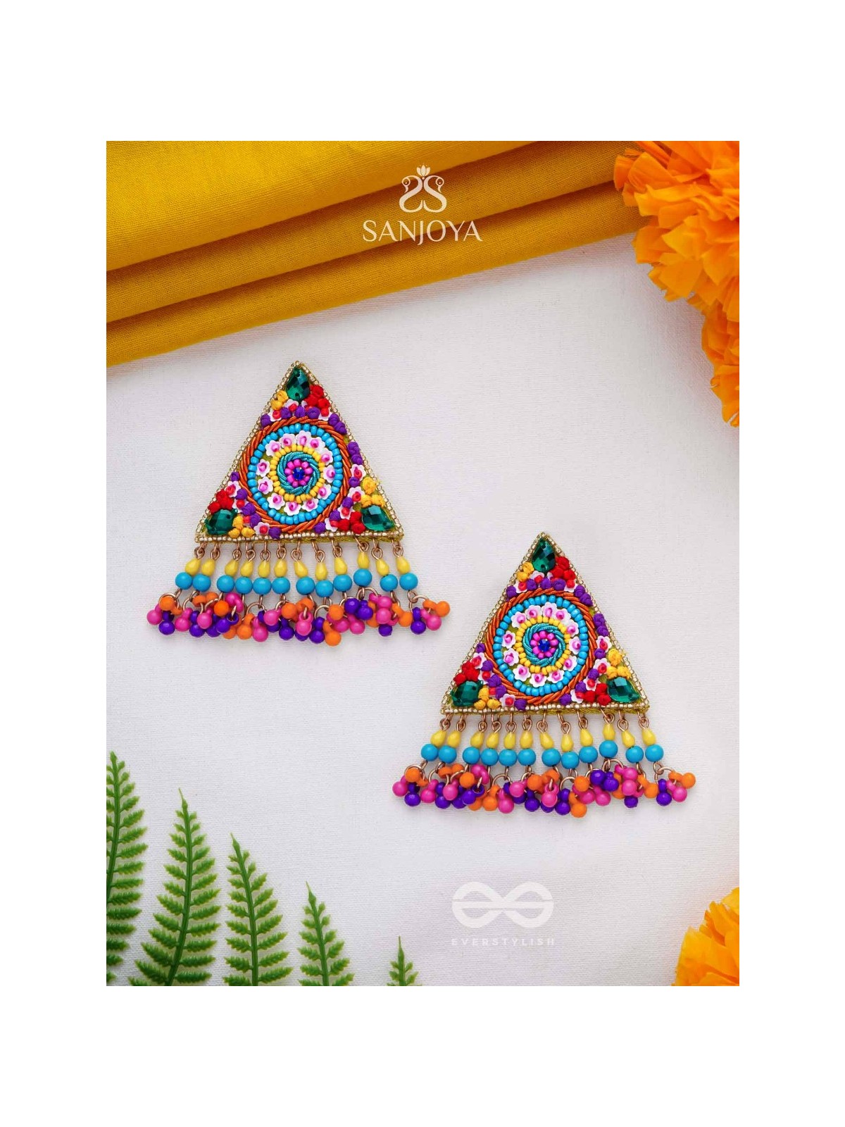 Tryashra - The Vibrant Triangle - Stones, Sequins And Resham Hand Embroidered Earrings