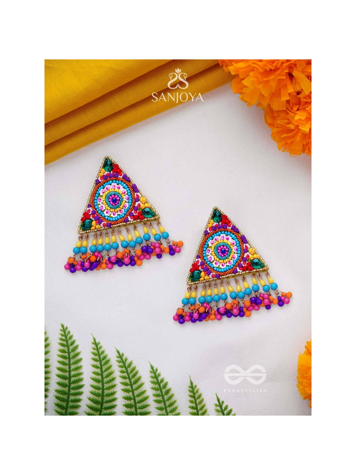Tryashra - The Vibrant Triangle - Stones, Sequins And Resham Hand Embroidered Earrings