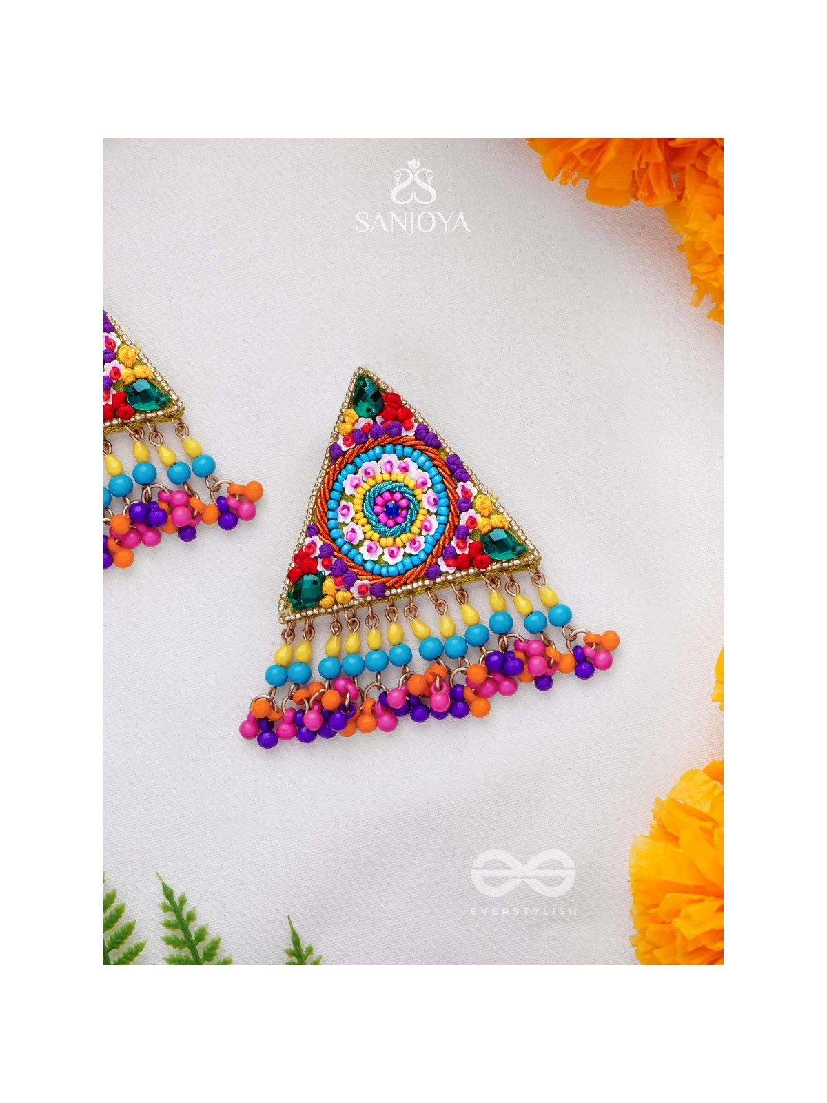 Tryashra - The Vibrant Triangle - Stones, Sequins And Resham Hand Embroidered Earrings