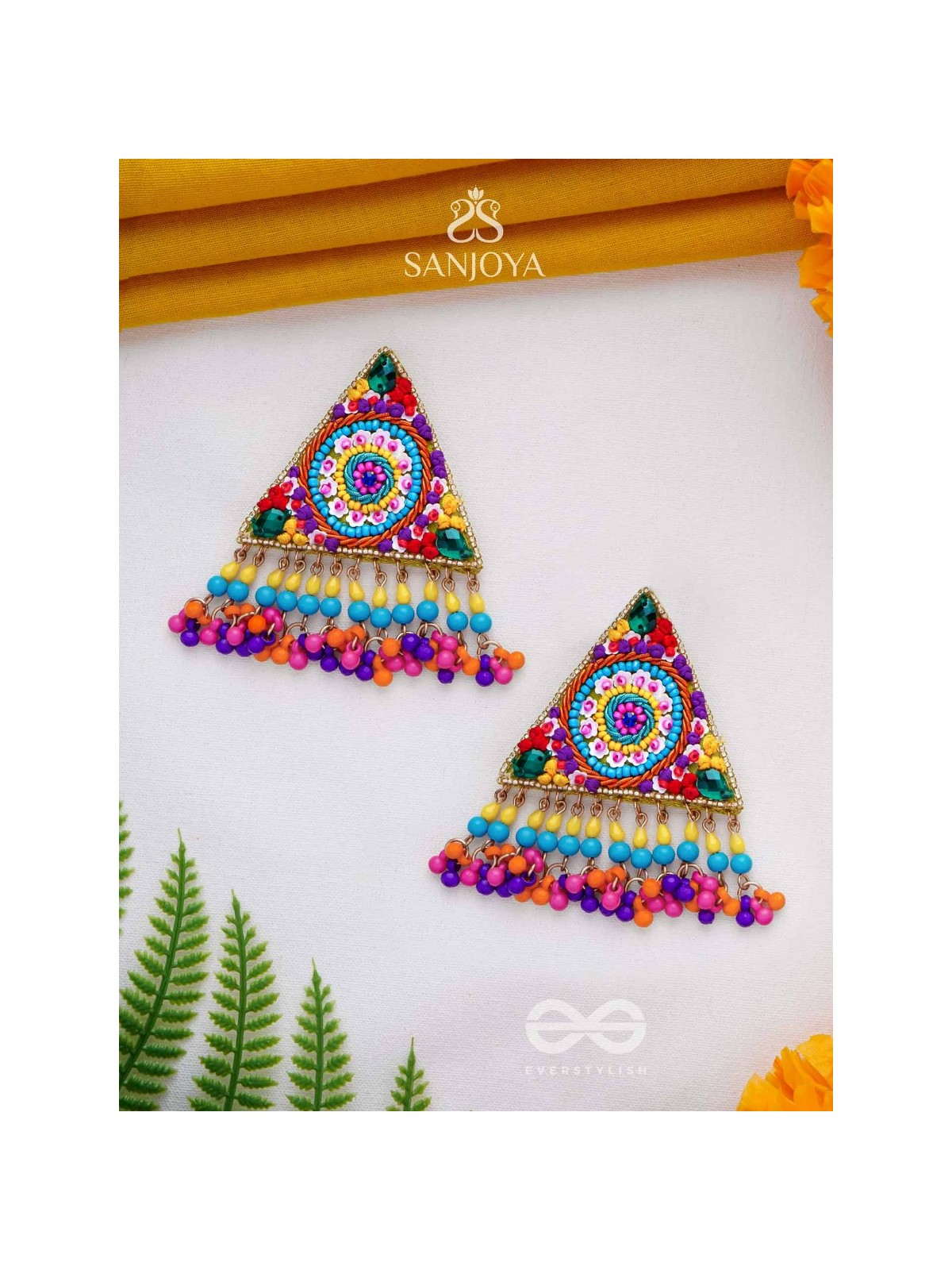 Tryashra - The Vibrant Triangle - Stones, Sequins And Resham Hand Embroidered Earrings