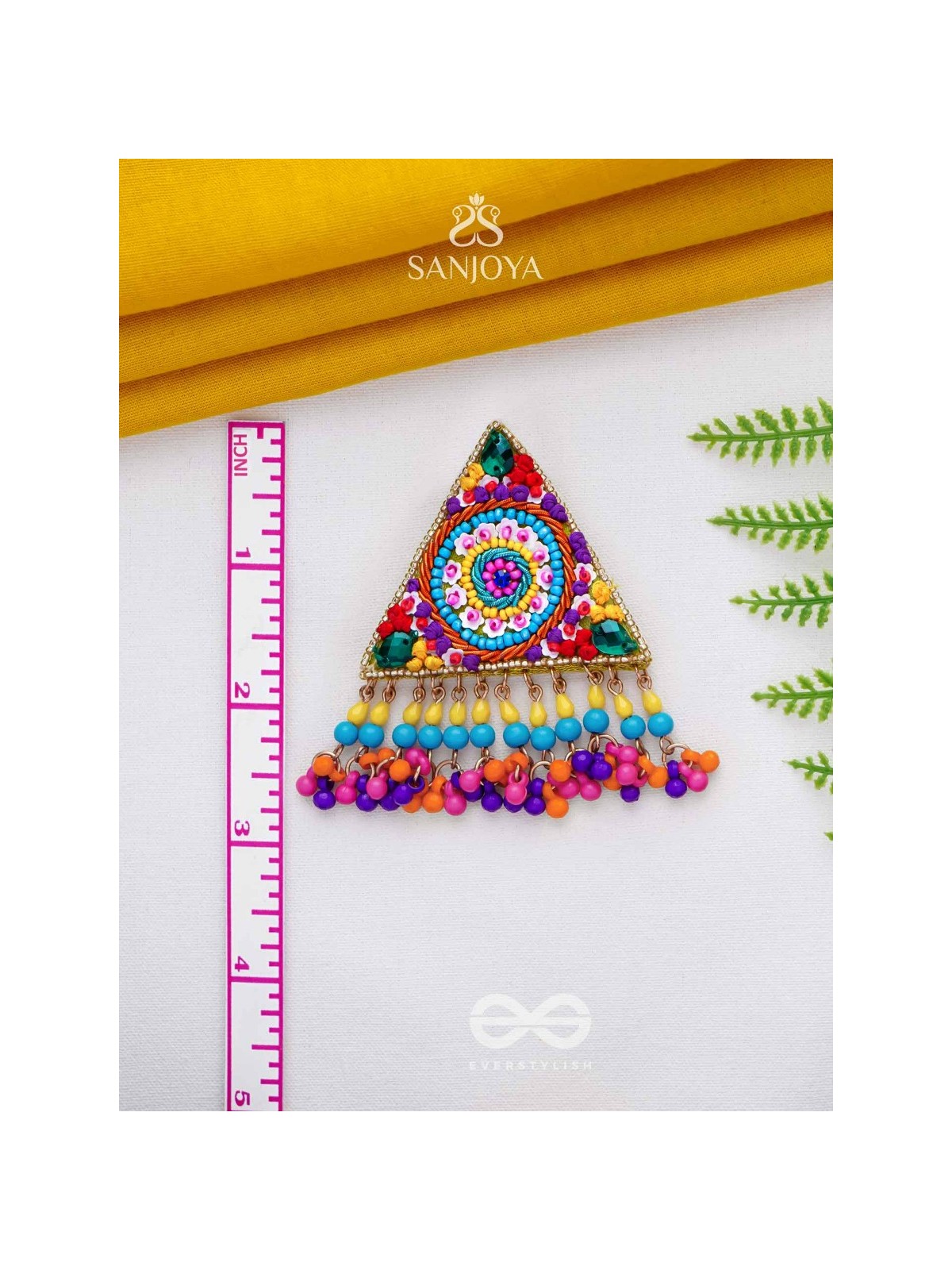 Tryashra - The Vibrant Triangle - Stones, Sequins And Resham Hand Embroidered Earrings