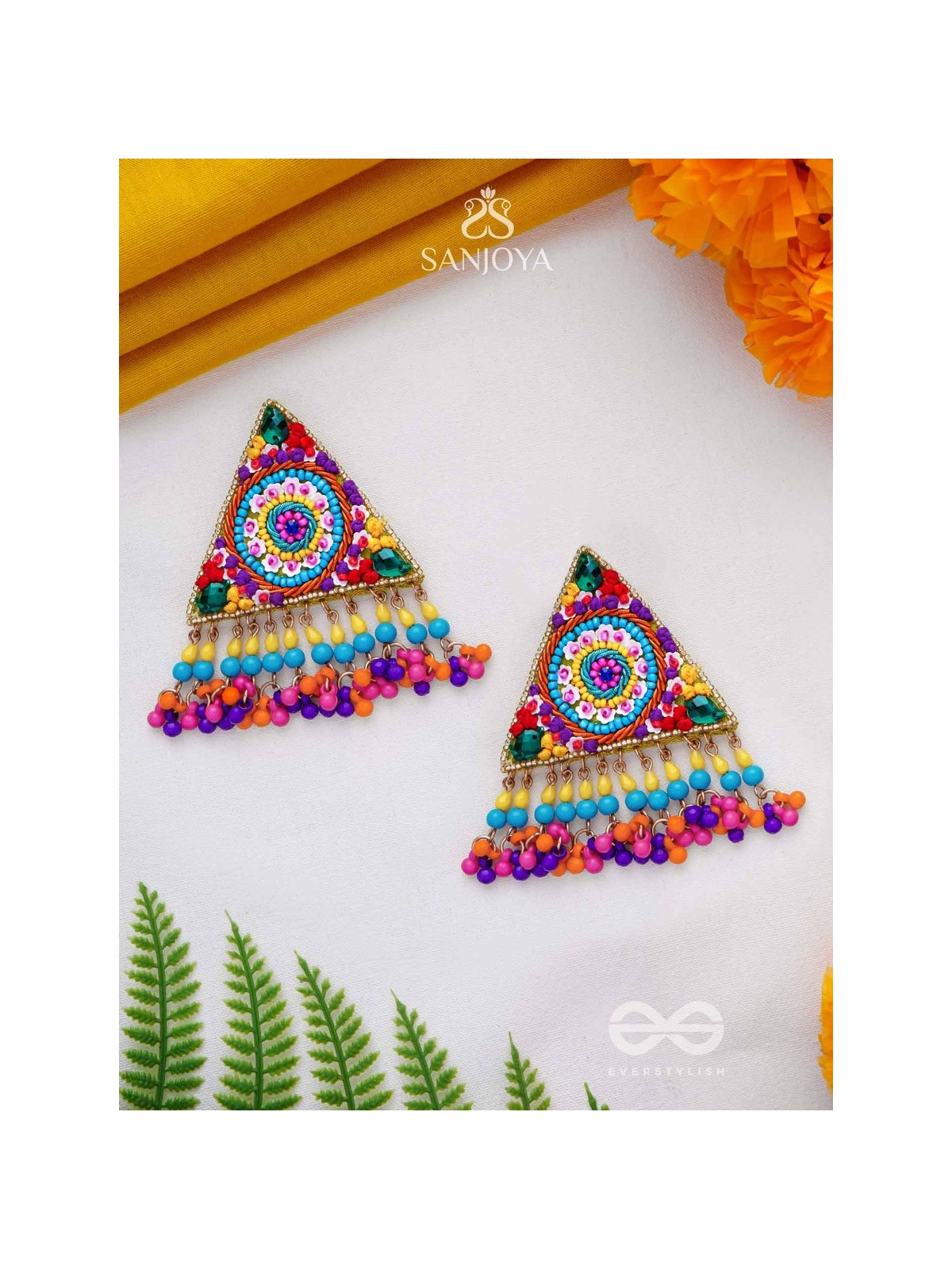 Tryashra - The Vibrant Triangle - Stones, Sequins And Resham Hand Embroidered Earrings