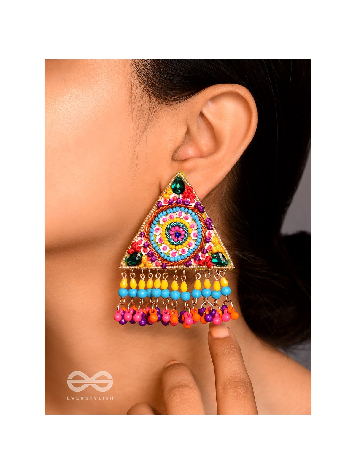 Tryashra - The Vibrant Triangle - Stones, Sequins And Resham Hand Embroidered Earrings