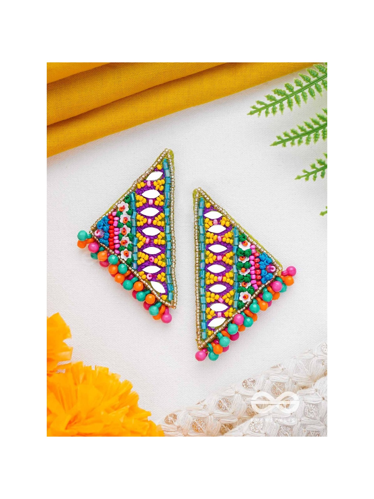 Shikharin - The Gorgeous Pyramid - Mirrors, Beads And Resham Hand Embroidered Stud Earrings