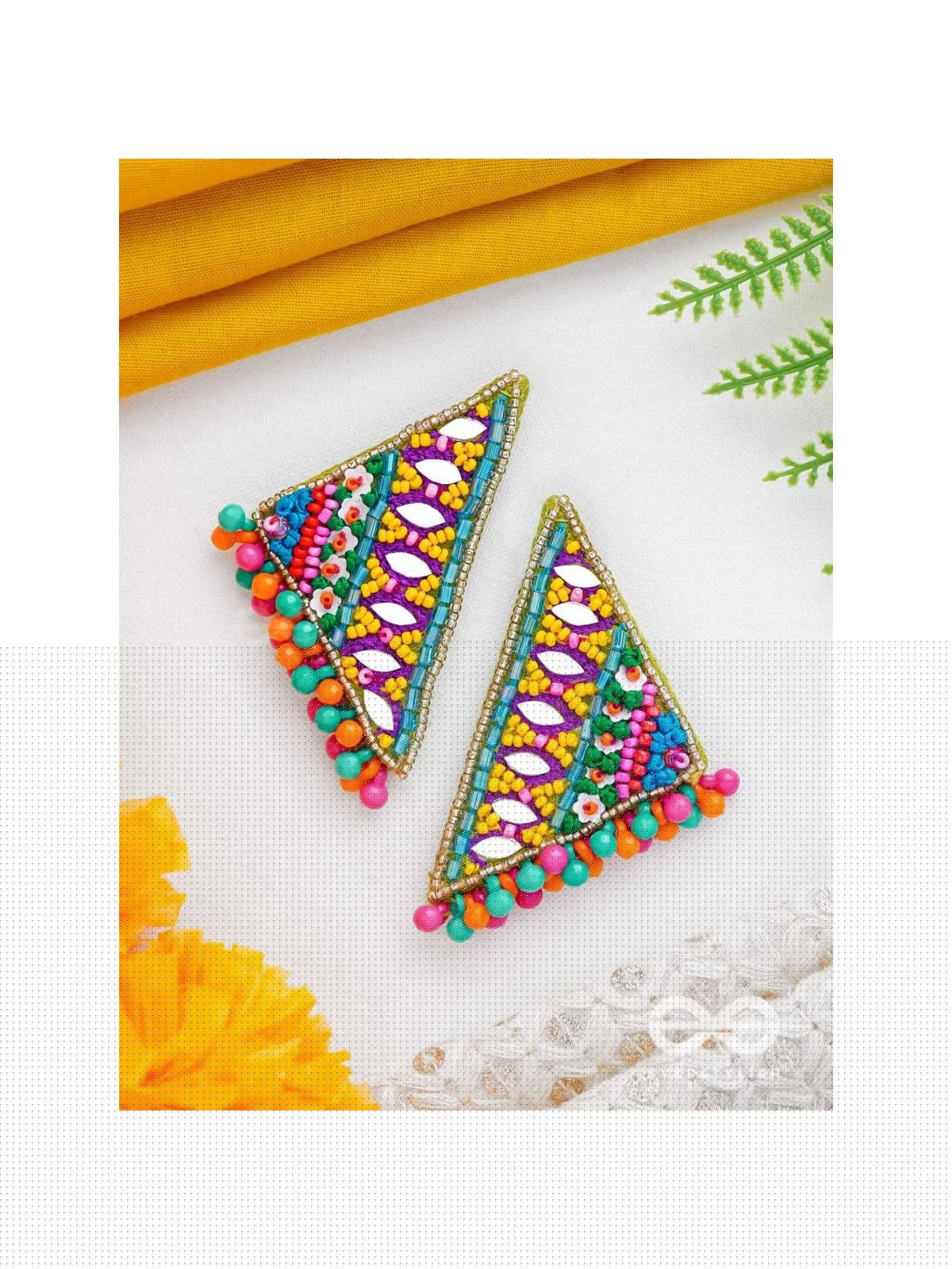 Shikharin - The Gorgeous Pyramid - Mirrors, Beads And Resham Hand Embroidered Stud Earrings